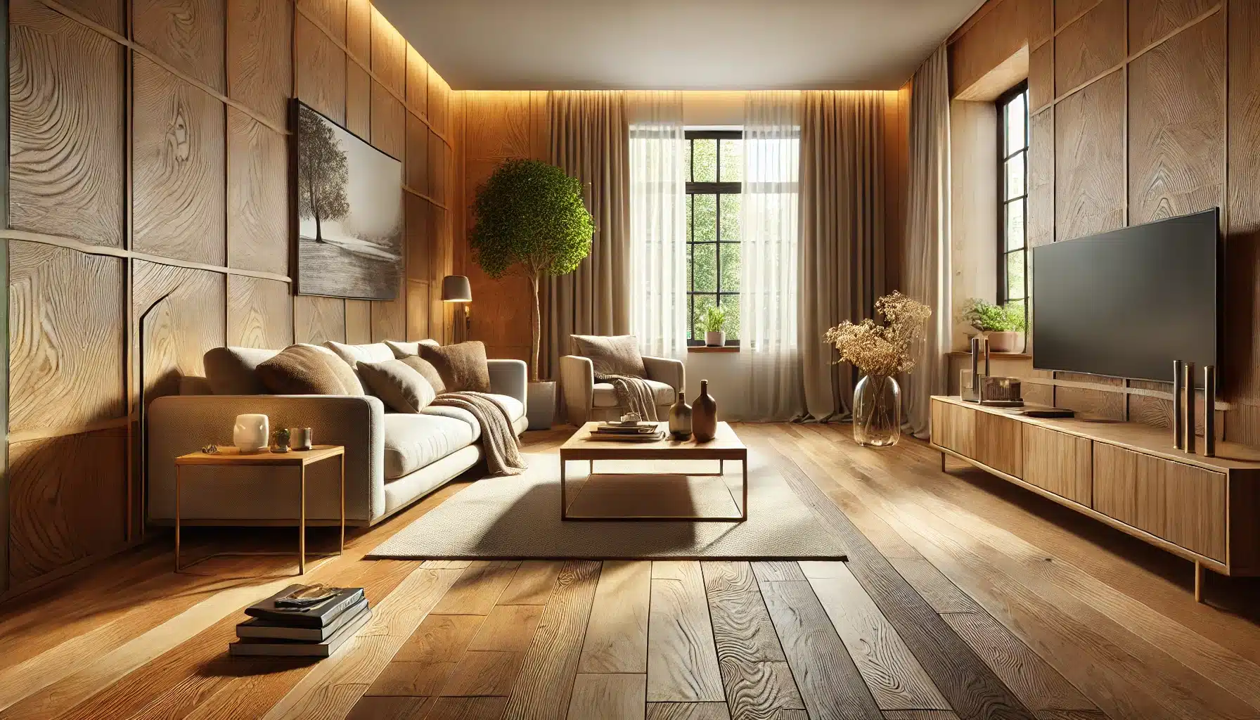 Sala de estar acogedora con suelos de madera elegante, sofá, mesa de café y plantas | Ambience Floors.