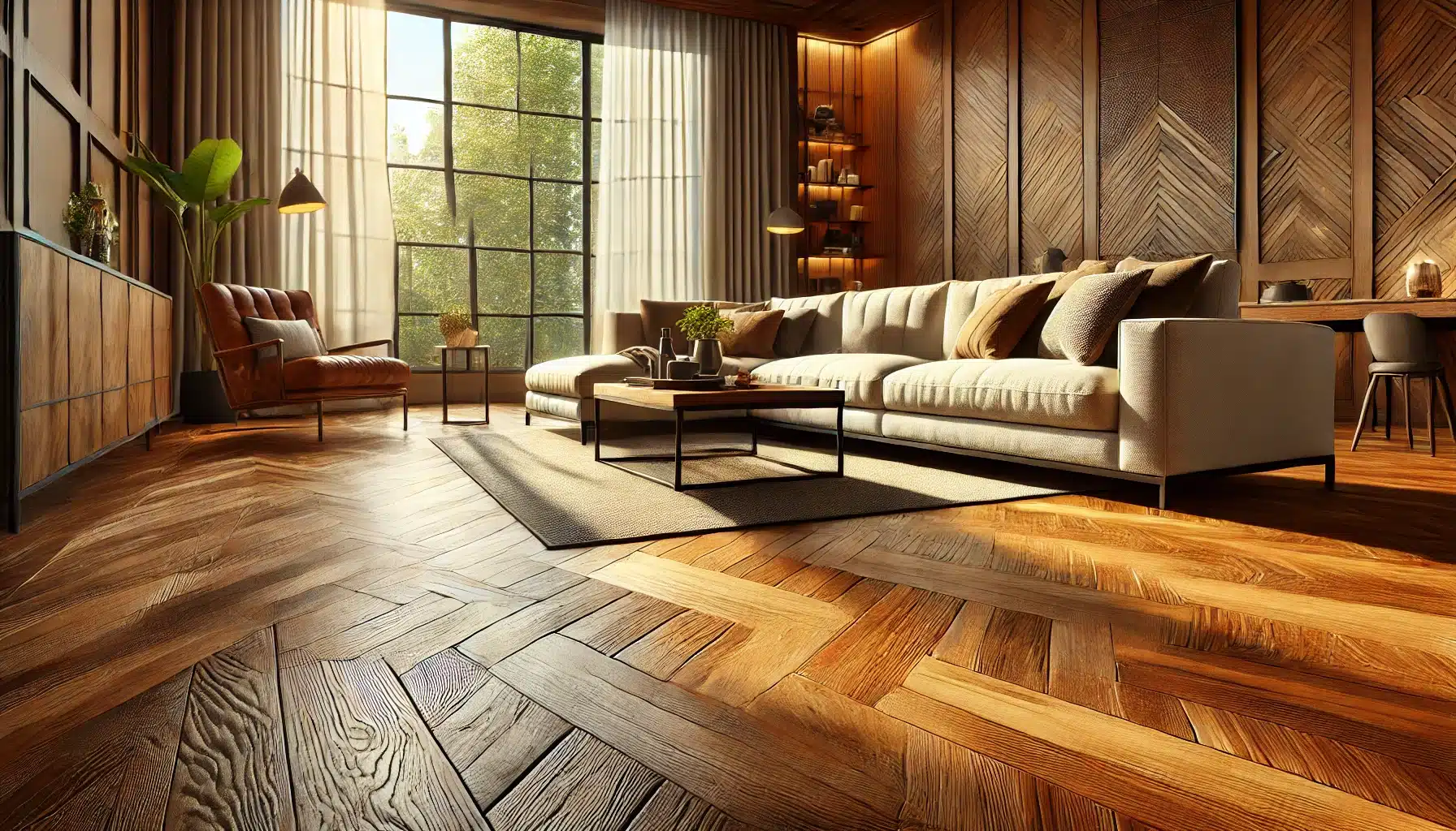 Sala de estar acogedora con pisos de madera pulidos y decoración moderna. | Ambience Floors