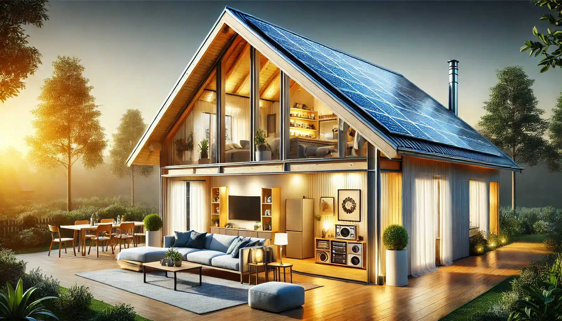 Casa moderna con paneles solares, ventanas eficientes y electrodomésticos ahorradores. Pisos de madera y eficiencia energética en el hogar| Ambience Floors