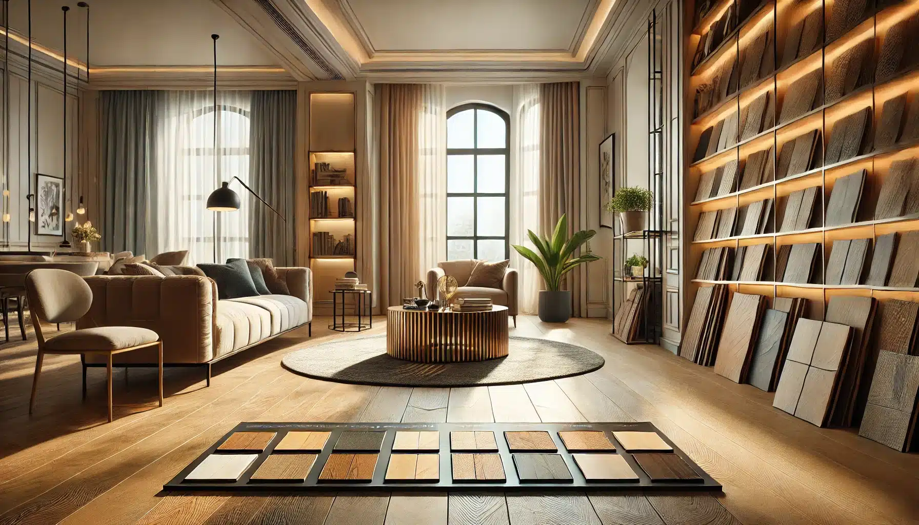 Sala de estar elegante con suelos de madera, muestras de pisos y diseño moderno | Ambience Floors.