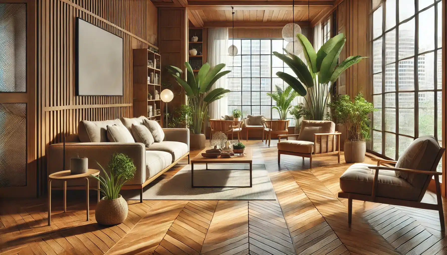 Sala de estar elegante con suelos de maderas, iluminación natural y plantas de interior | Ambience Floors