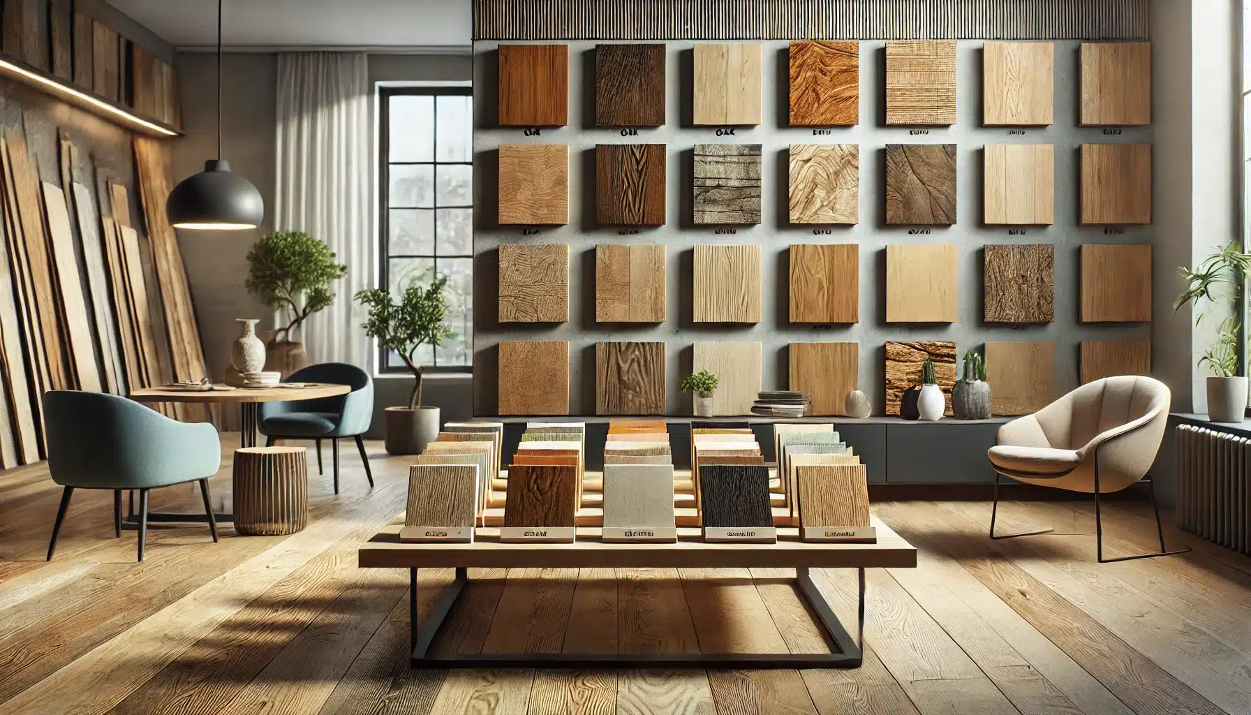 Muestras de roble y nogal para pisos, en una sala moderna con decoración minimalista. Hogar material alergias piso casa moho problemas alfombras instalación de pisos rinitis calidad filtro calidad de vida personas acumulación partículas alérgenos mantenimiento y cuidado prueba corto variedades costo | Ambience Floors.