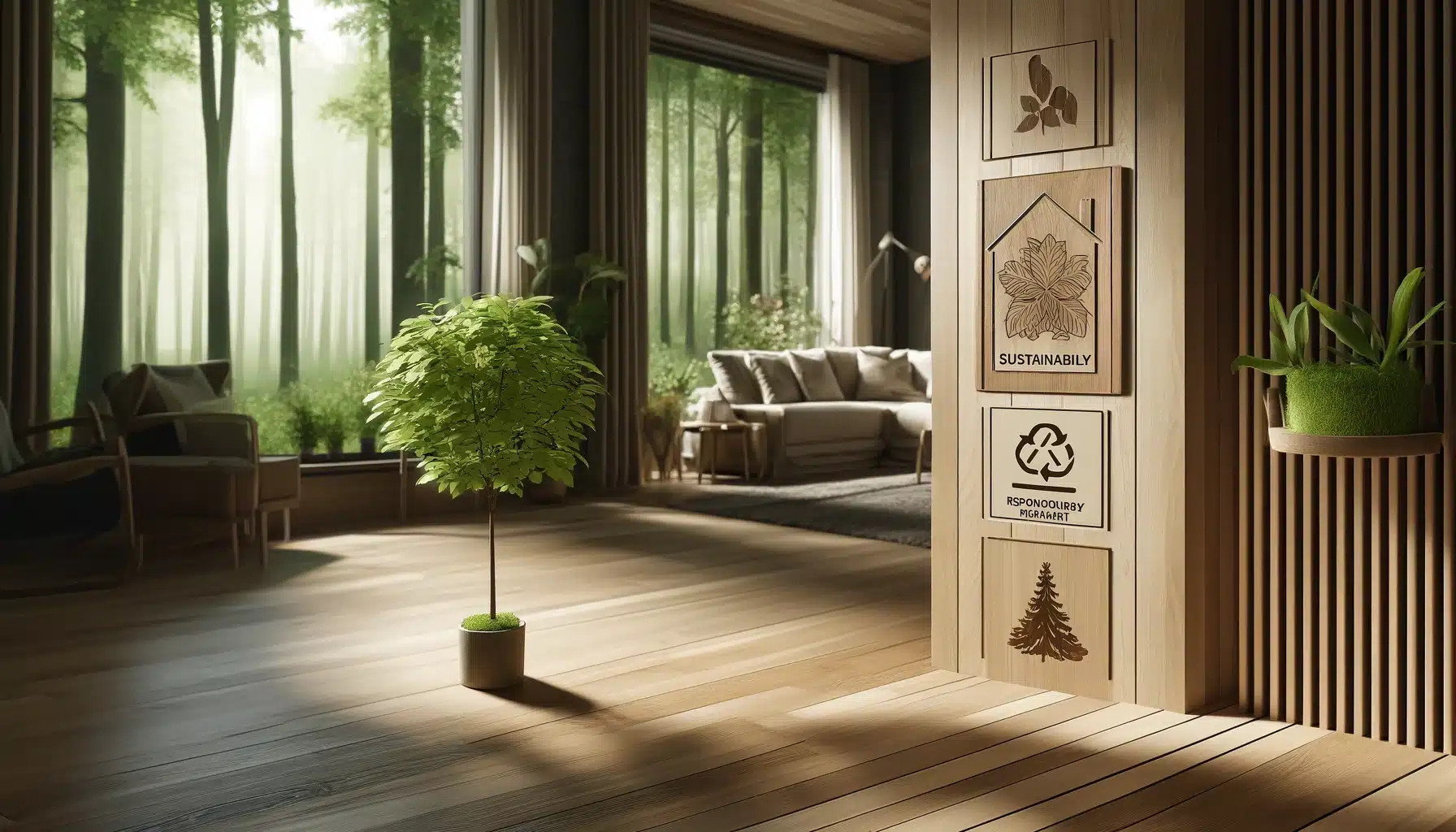 Sala con suelos de maderas, luz natural y vista a un bosque gestionado de manera sostenible | Ambience Floors.