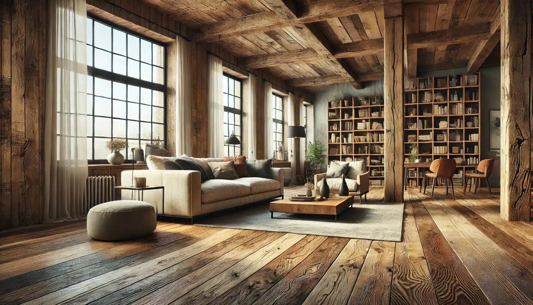 Sala acogedora con pisos de madera recuperada, muebles modernos y luz natural. | Ambience Floors