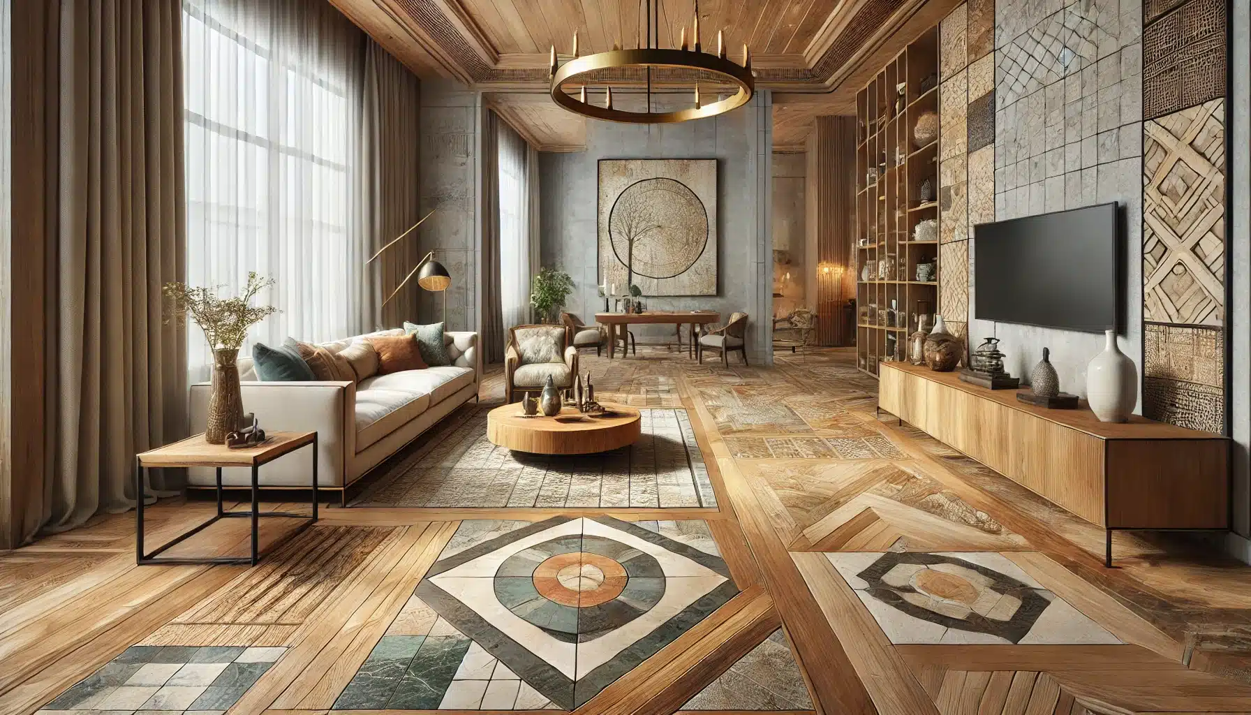 Sala con suelos de maderas personalizados, patrones geométricos e incrustaciones decorativas. | Ambience Floors