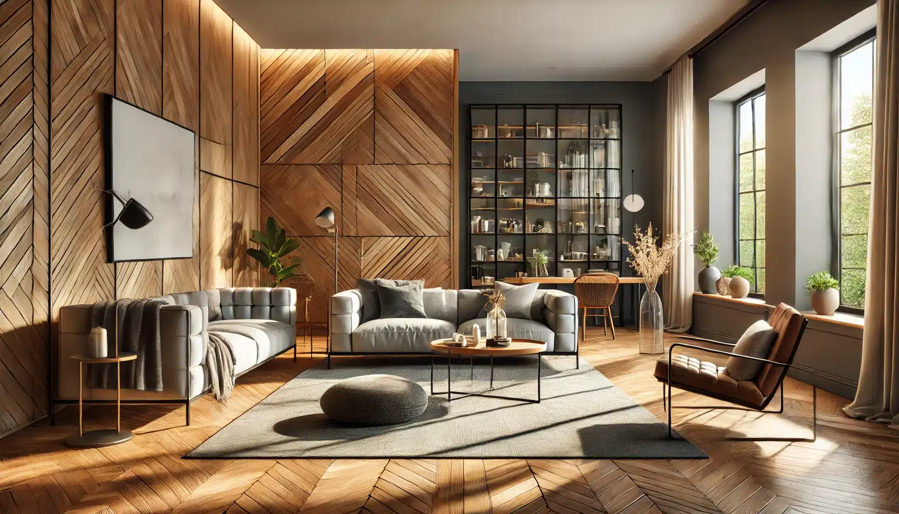 Sala moderna con pisos de maderas pulidos, muebles elegantes y decoración sostenible. | Ambience Floors