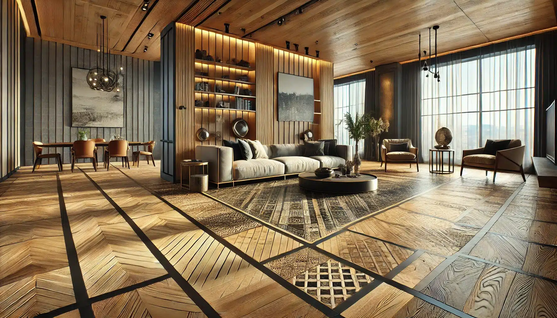 Sala con suelo de maderas en patrón de tablero de ajedrez con incrustaciones decorativas. | Ambience Floors