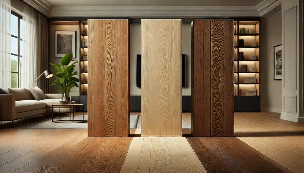 Tres tipos de pisos de maderas: roble medio, haya clara y nogal oscuro en una sala moderna. Piso Construcción ingeniería beneficios ingeniería beneficios calidad material propiedad inversión piso de madera inversión a largo plazo sistema casas vivienda aumentar el valor casa desgaste medio ambiente eficiencia energética factores | Ambience Floors