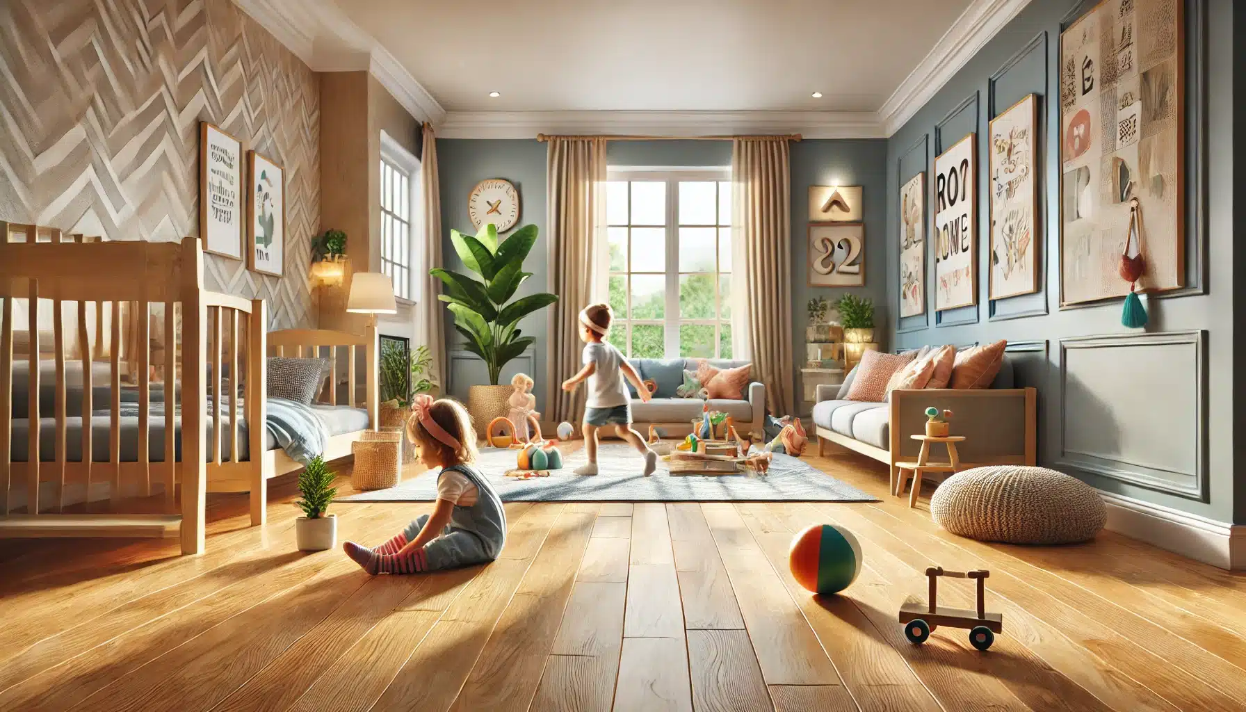 Habitación infantil con suelo de maderas, niños jugando, decoraciones acogedoras. | Ambience Floors.