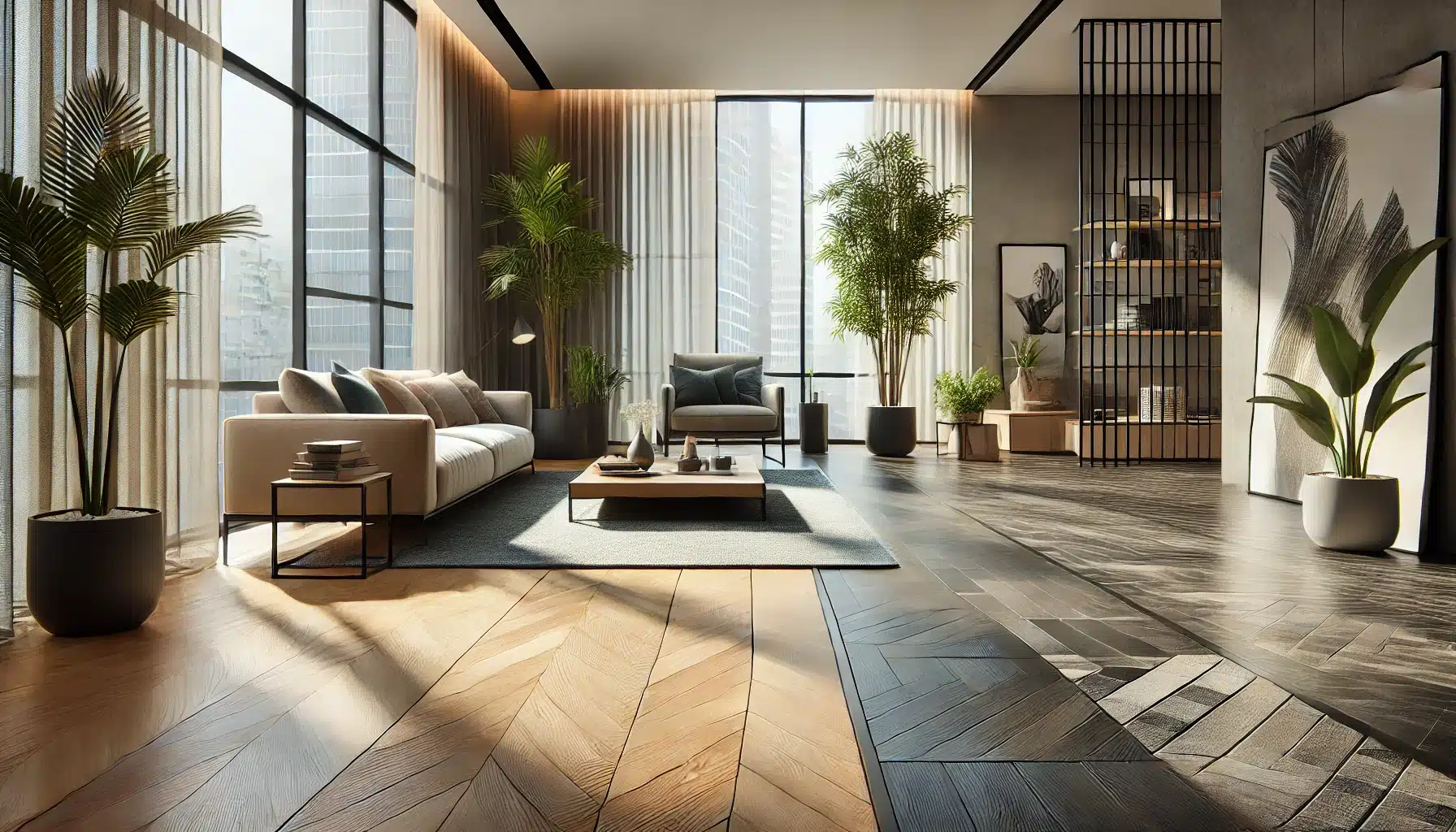 Diseños modernos de pisos de maderas, incluyendo parquet y tarima flotante en una sala | Ambience Floors.
