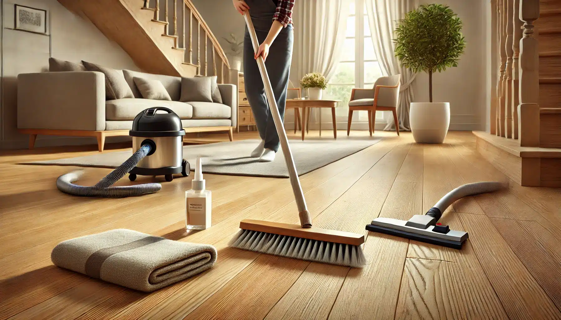 Persona barriendo un suelo de maderas con escoba de cerdas suaves en una habitación luminosa. Piso ingeniería tendencias espacio vetas madera de ingeniería espiga acabados madera natural neegocio deck suelo instalación color ambiente desgaste  | Ambience Floors