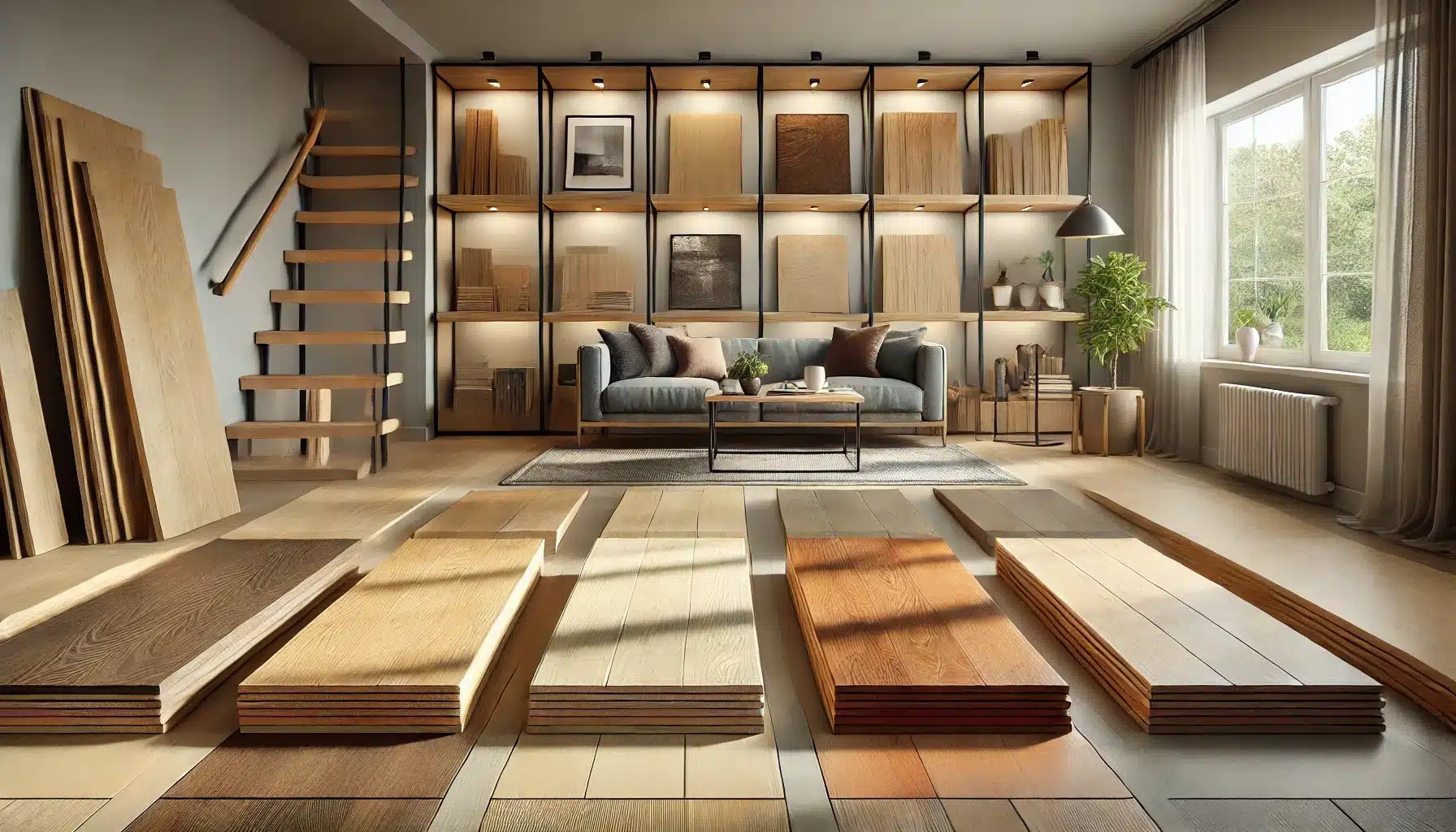 Muestra de suelo de roble, haya, cerezo y arce en una sala de estar elegante. Beneficios acústicos de los pisos de madera en el hogar | Ambience Floors.