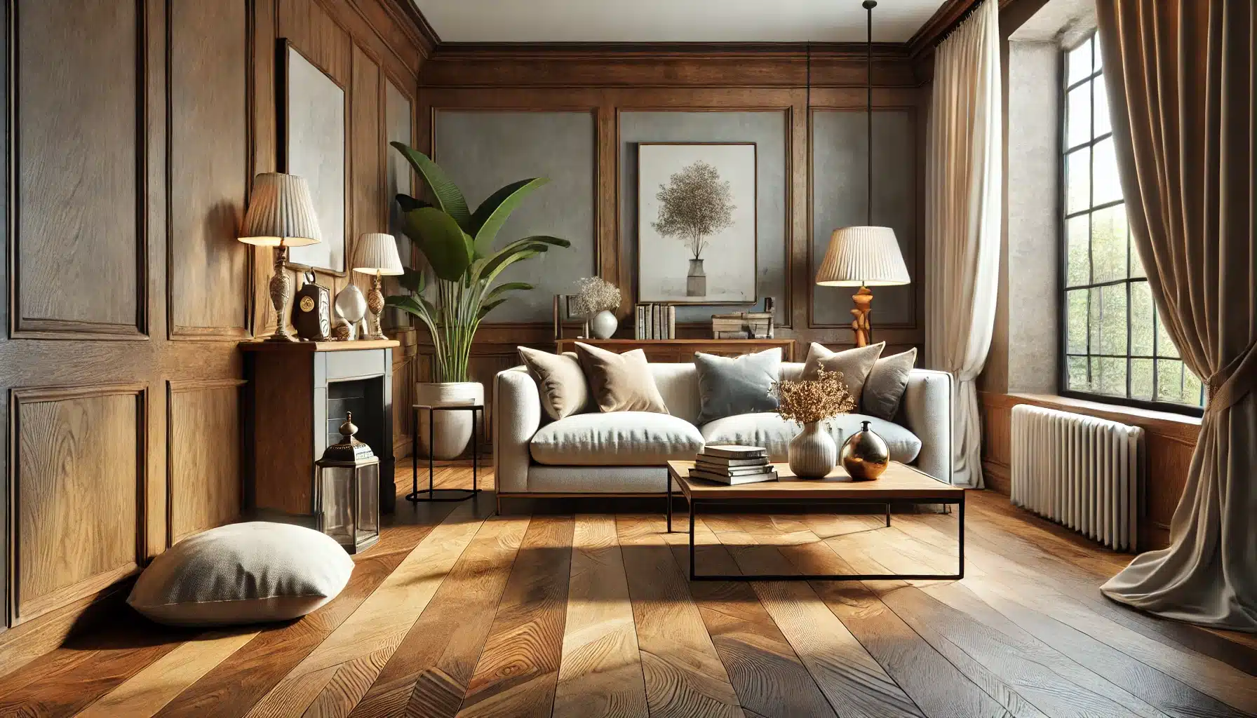 Sala acogedora con suelos de maderas, mezcla de decoración clásica y contemporánea. estética y atractivo visual de los pisos de madera en nuevas casas | Ambience Floors.