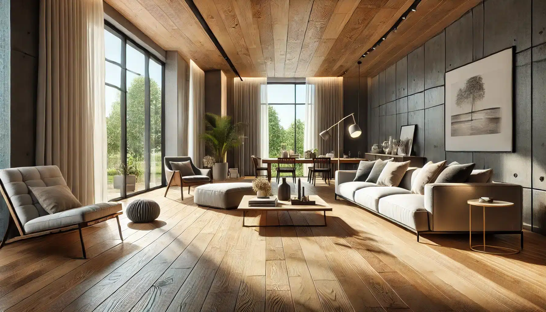 Sala moderna con pisos de maderas de tablas anchas y acabado mate, decorada elegantemente. | Ambience Floors