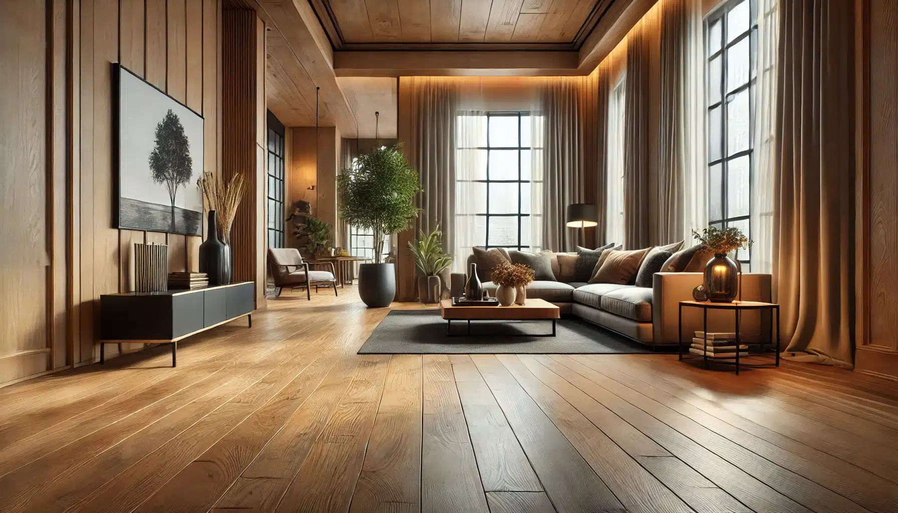 Sala de estar con suelos de maderas elegantes, muebles modernos y decoración acogedora. | Ambience Floors
