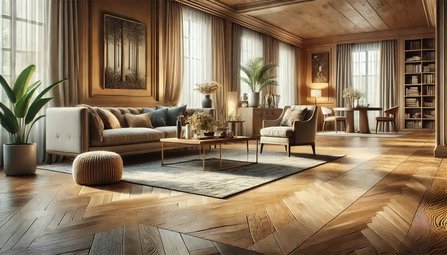 Sala elegante con suelos de maderas de diferentes tonos, creando un ambiente acogedor | Ambience Floors.