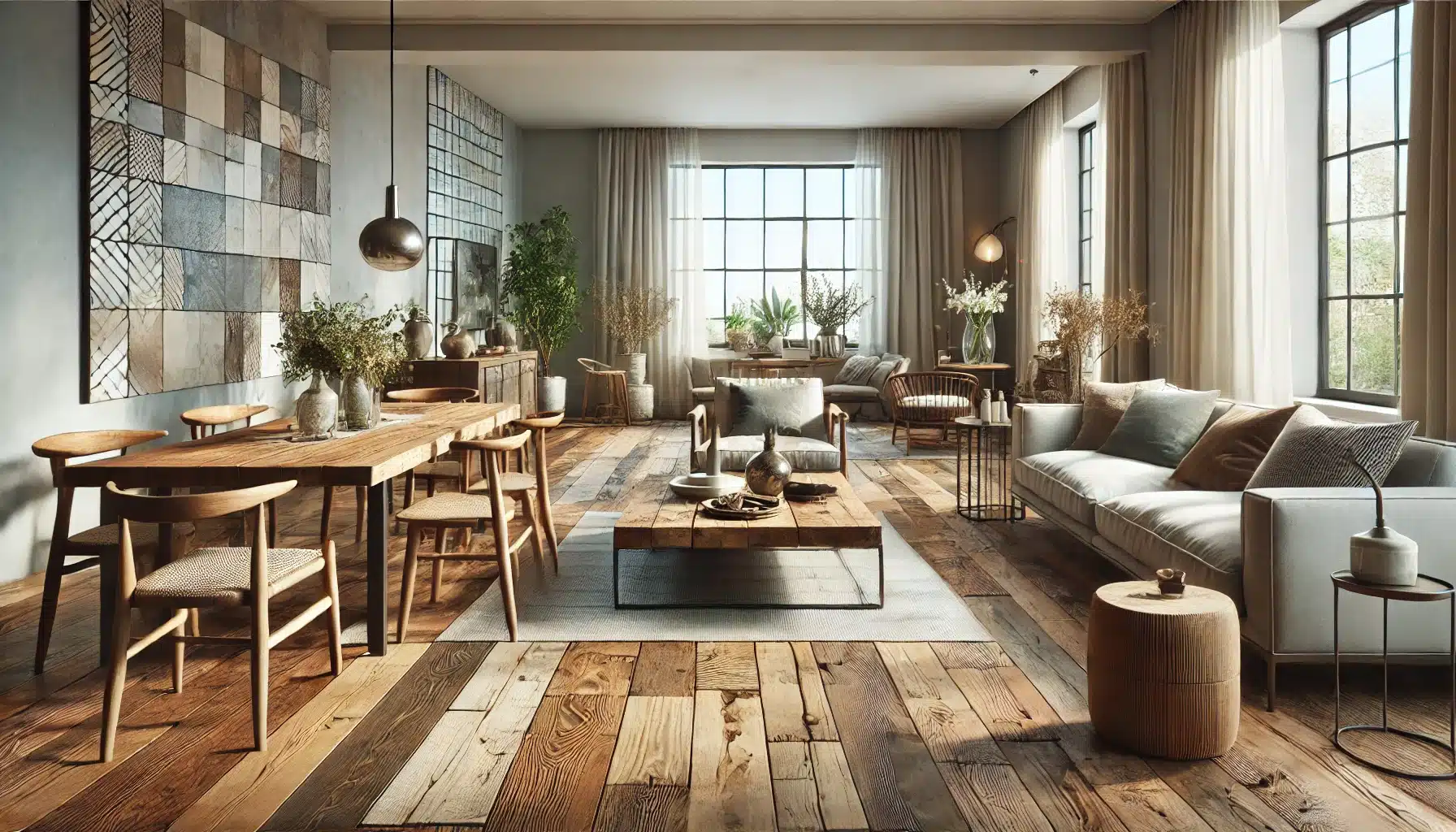 Sala con suelos de maderas recuperada y muebles modernos en tonos neutros. | Ambience Floors