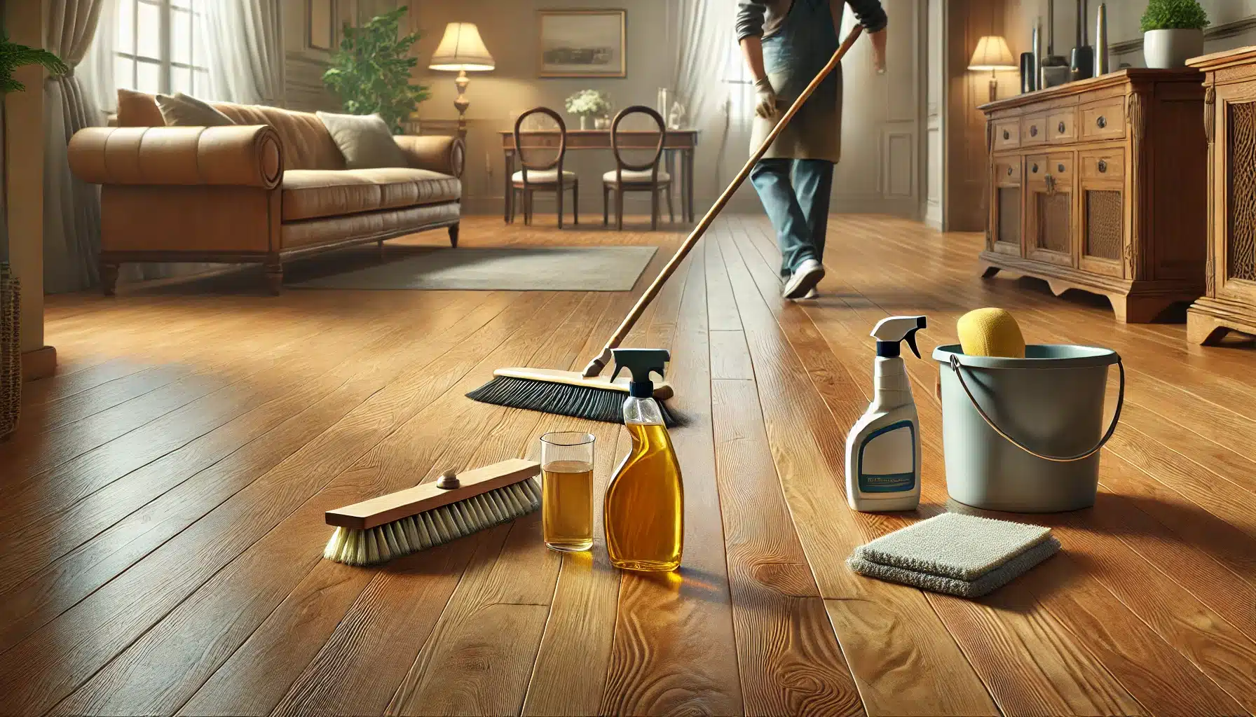 Persona limpiando suelos de maderas con productos específicos en una sala acogedora | Ambience Floors.