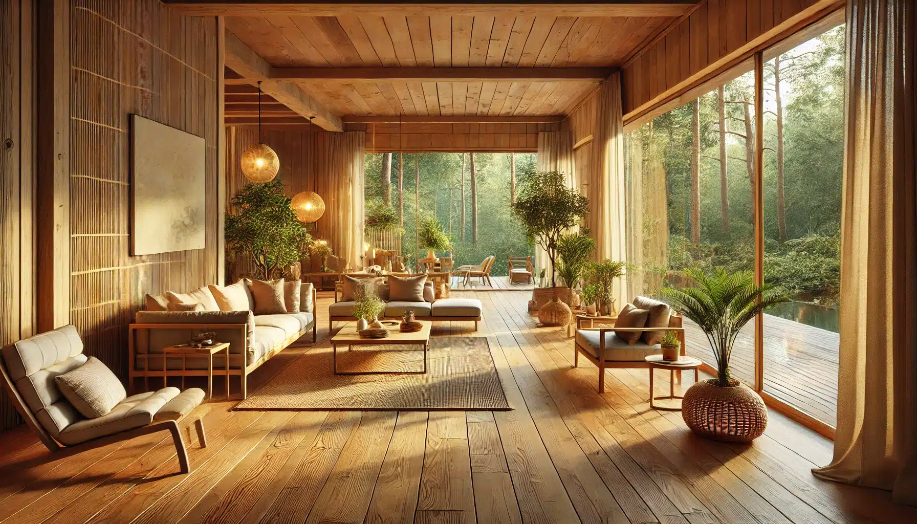 Espacio de vida tranquilo con suelos de maderas, iluminación cálida y vista al bosque. Suelo parquet medio ambiente calidad de vida estudio piso relajación harumi ikei material opciones ventajas proceso presión arterial chorong song decoración aislante acabados | Ambience Floors