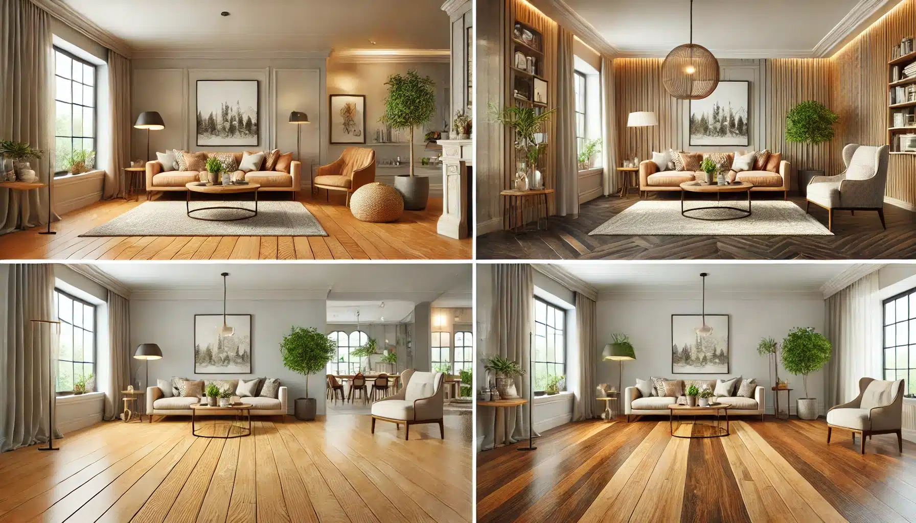 Sala de estar elegante con suelos de maderas, muebles variados y decoración acogedora. Alergias y pisos de madera un ambiente más saludable para nuevos hogares | Ambience Floors.