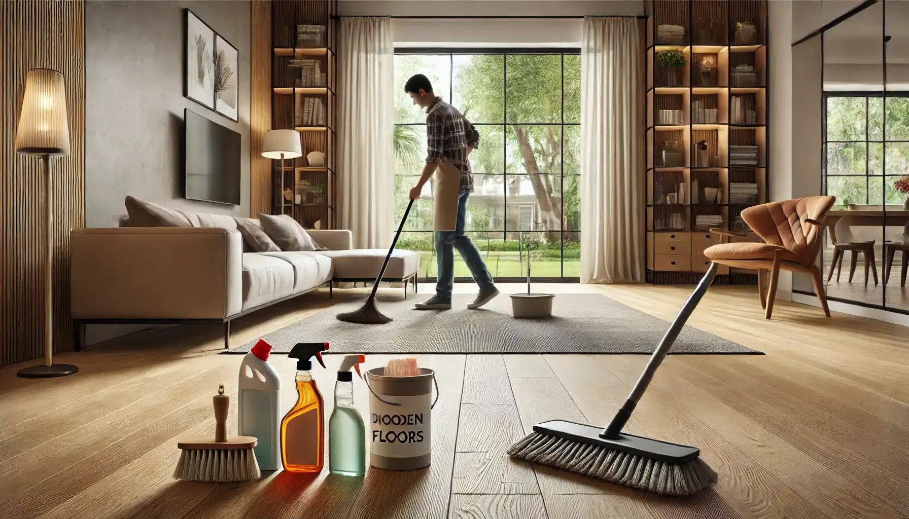 Sala moderna con suelo de maderas, persona barriendo y limpiando con productos adecuados. Ser humano contrucción medida elementos patrones vivienda futuro material espacios decoración casas conexión diseño diseños aire libre arquitectos corte medio ambiente | Ambience Floors.