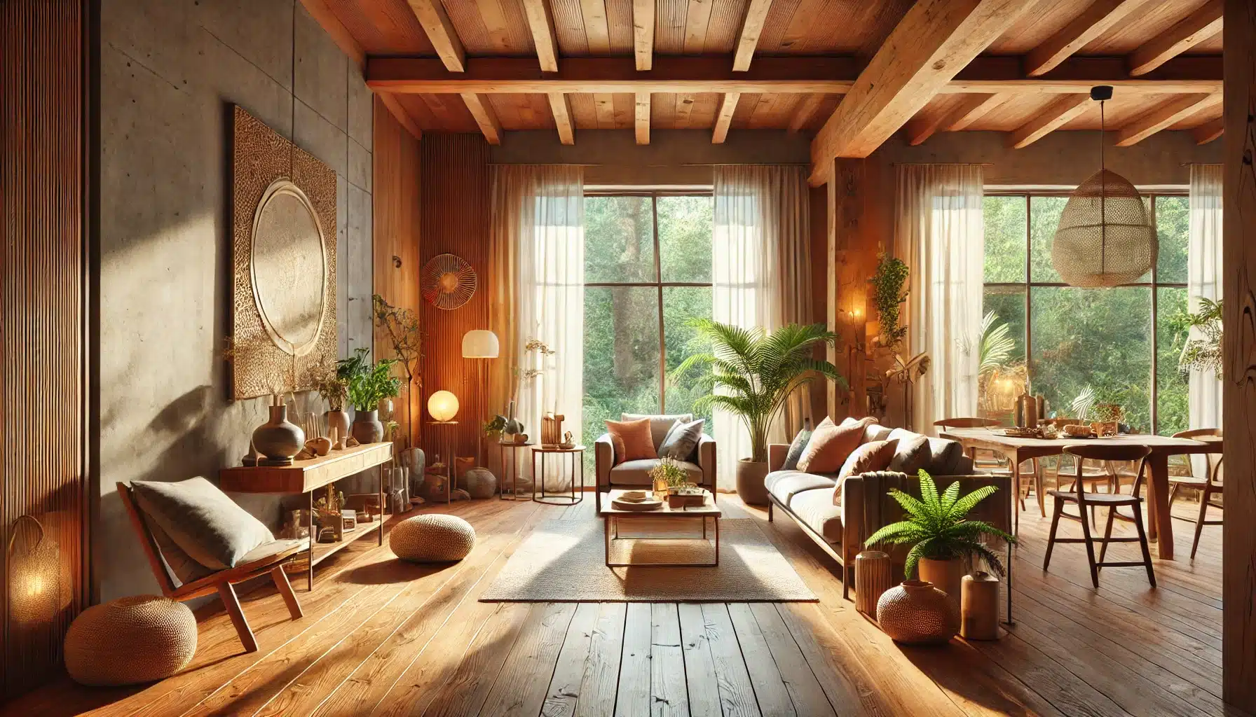 Sala de estar tranquila con suelos de maderas, iluminación cálida y elementos naturales | Ambience Floors