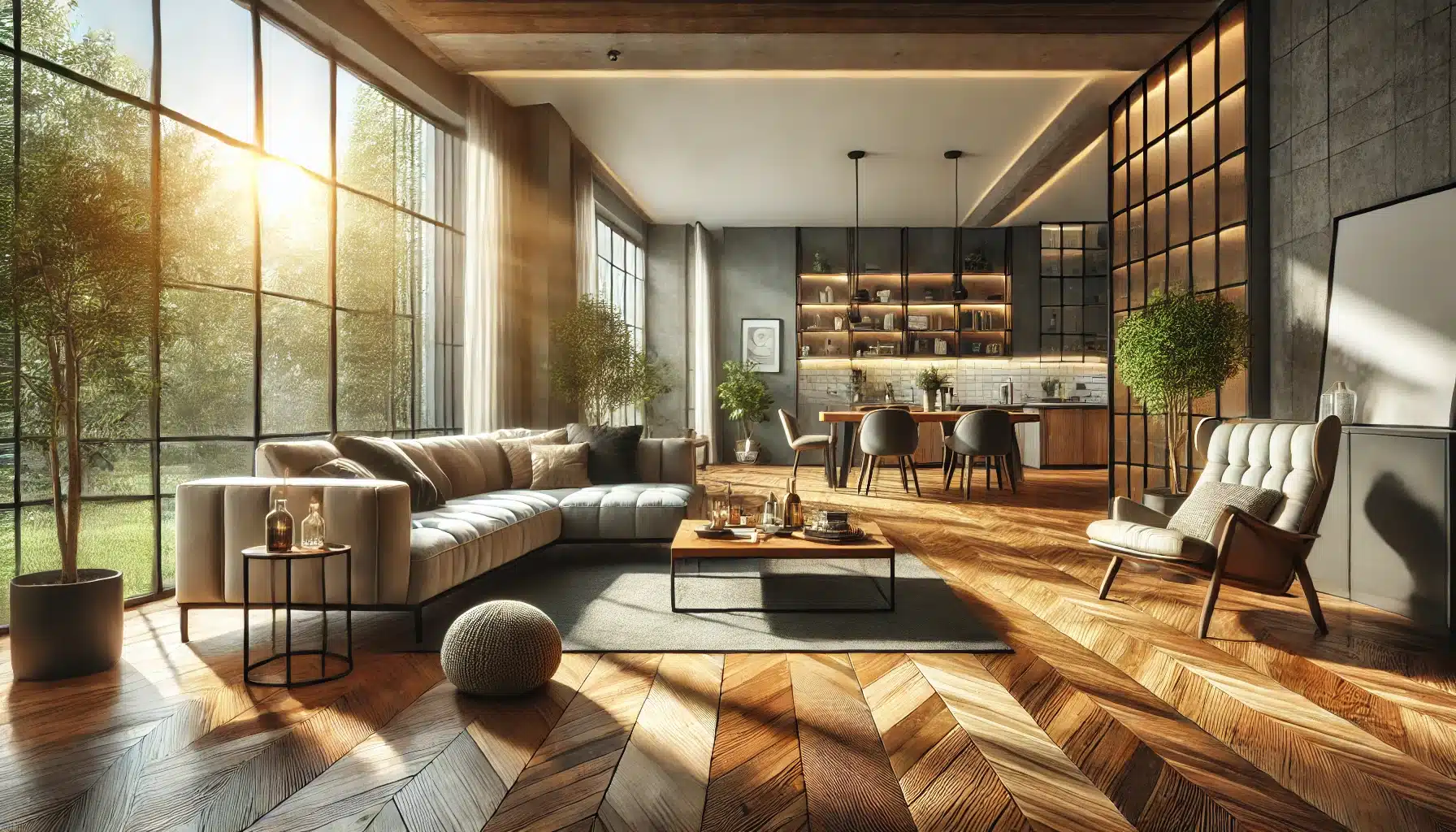 Sala moderna con pisos de maderas pulidos y decoración elegante y acogedora. Confort y calidez la sensación de los pisos de madera en el hogar| Ambience Floors