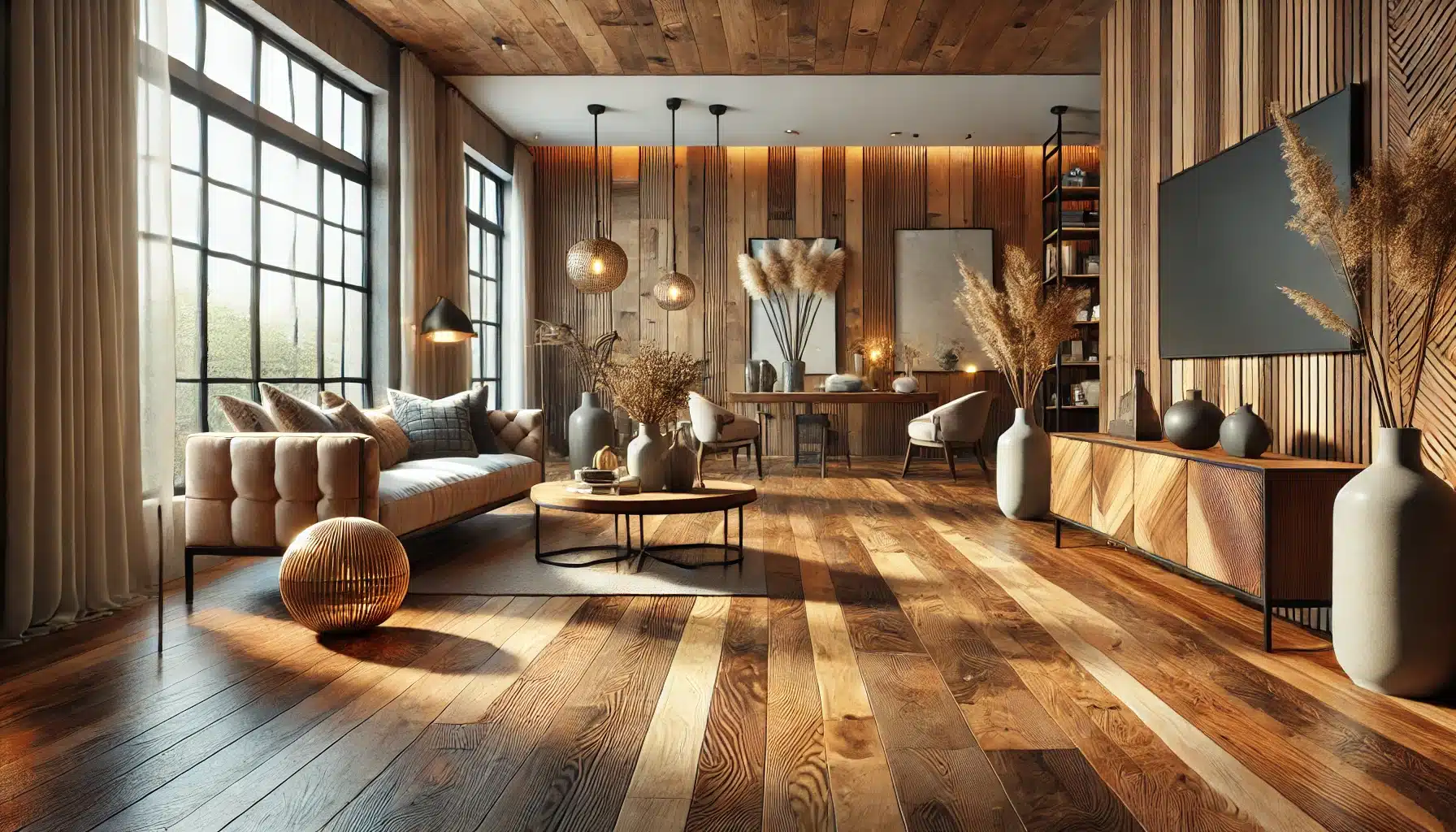 Interior de hogar elegante con suelos de maderas, luz cálida y decoración moderna y rústica. Suelo pisos ventajas y desventajas problemas ventajas calidad vivienda calidad de vida contras aislante aire interior ingeniería frío calor tipo alérgenos aislamiento dudas | Ambience Floors.