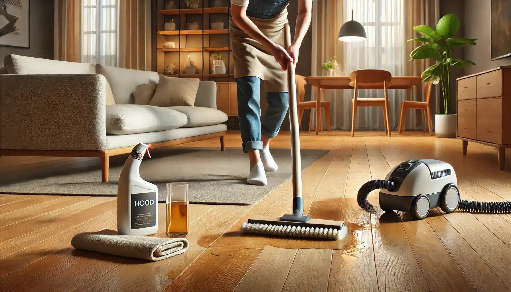 Persona limpiando suelos de maderas en una sala elegante con productos específicos | Ambience Floors.