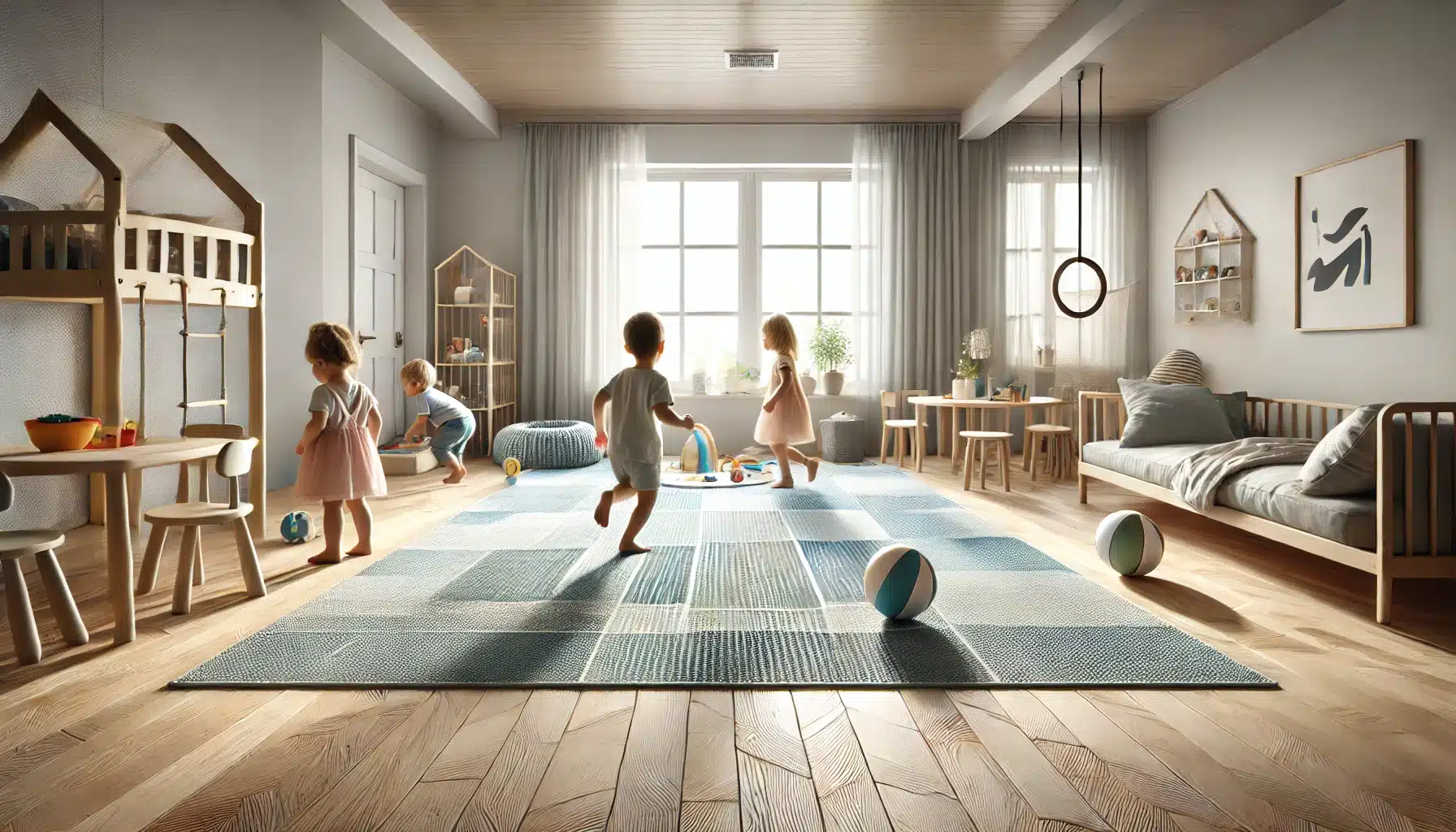 Habitación infantil con suelo de maderas antideslizante, niños jugando seguros. | Ambience Floors.