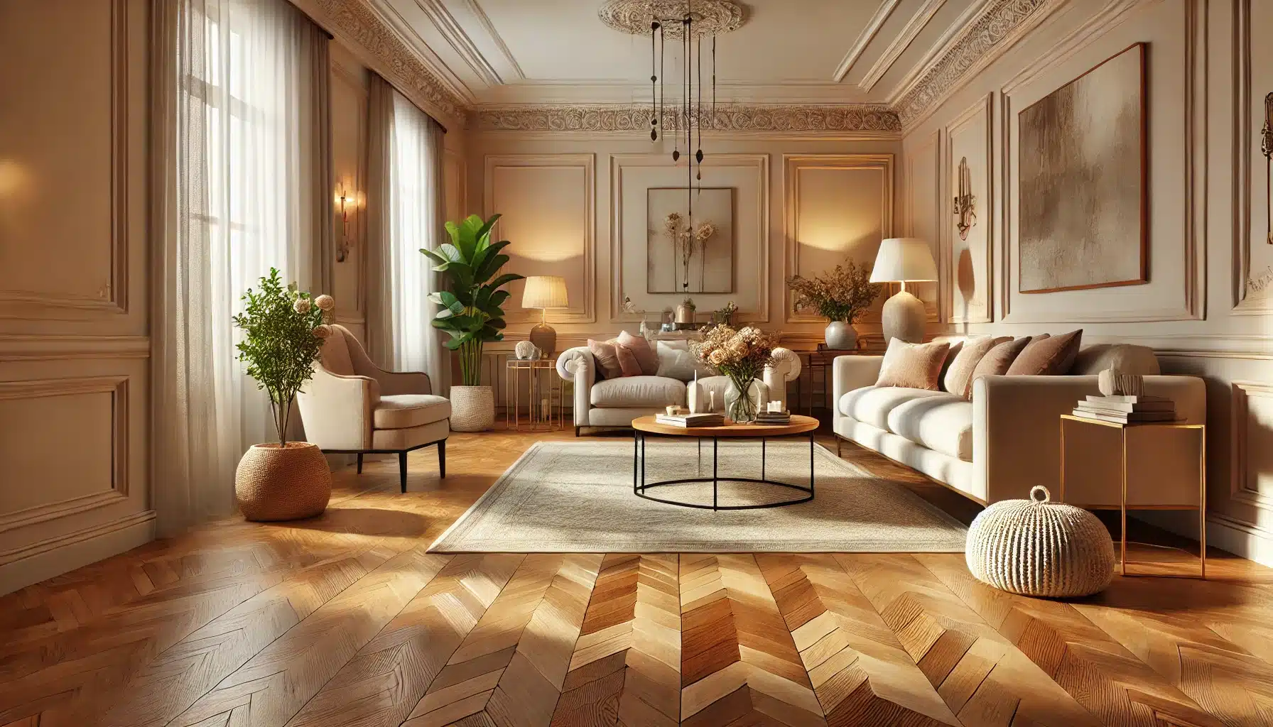 Sala elegante con suelos de parquet y tarima flotante, decoración cálida y sofisticada | Ambience Floors.