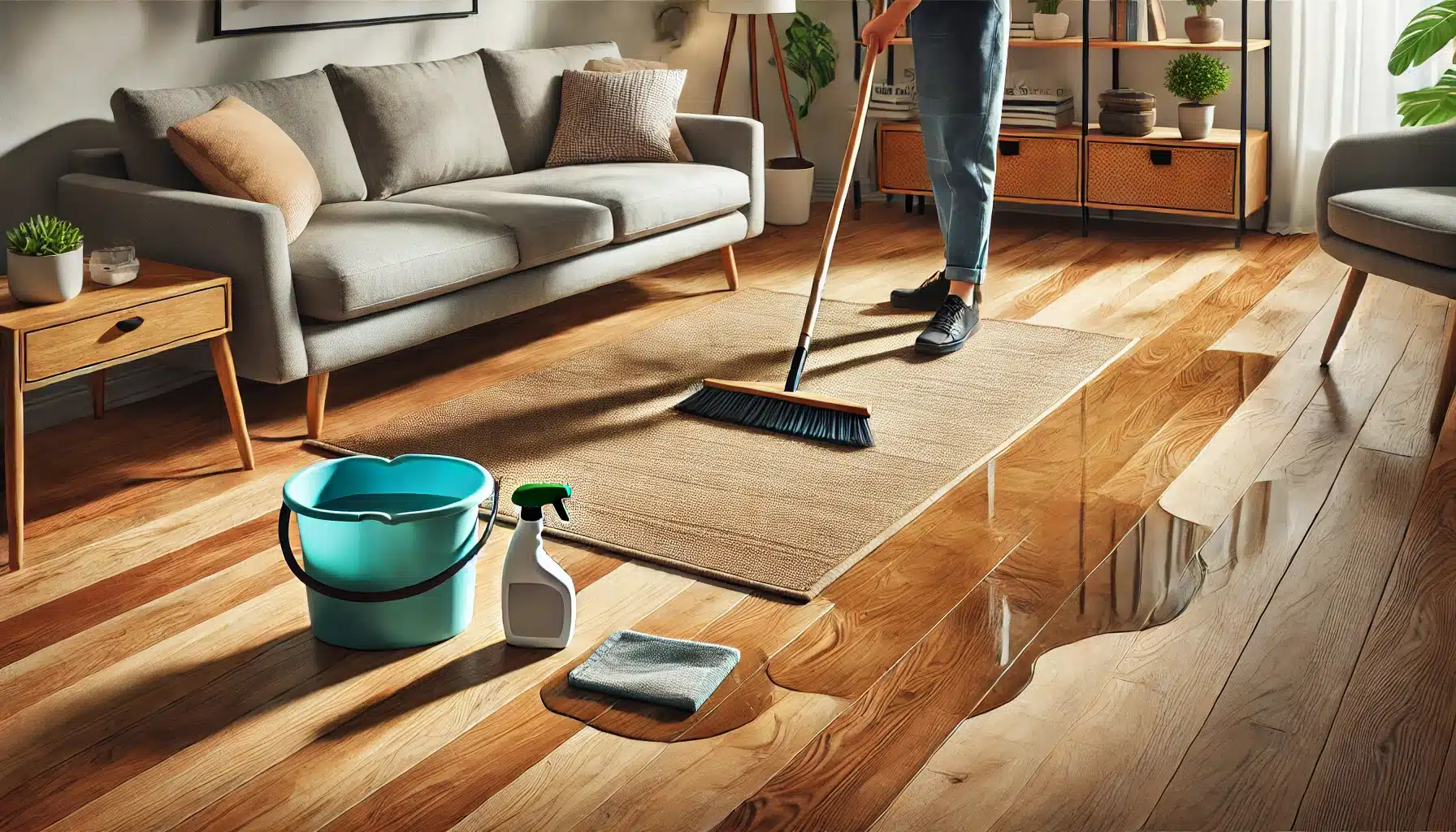 Persona barriendo suelos de maderas con mopas y alfombras para protección. Efecto invernadero calidad de vida árboles piso medio ambiente material decisión cuidado impacto ambiental elección planeta beneficios bosques capacidadsalud producto | Ambience Floors.