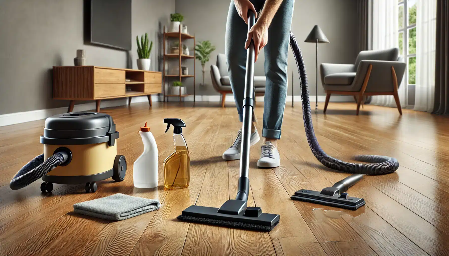 Persona barriendo piso de maderas con escoba suave, limpiando derrame en sala moderna | Ambience Floors