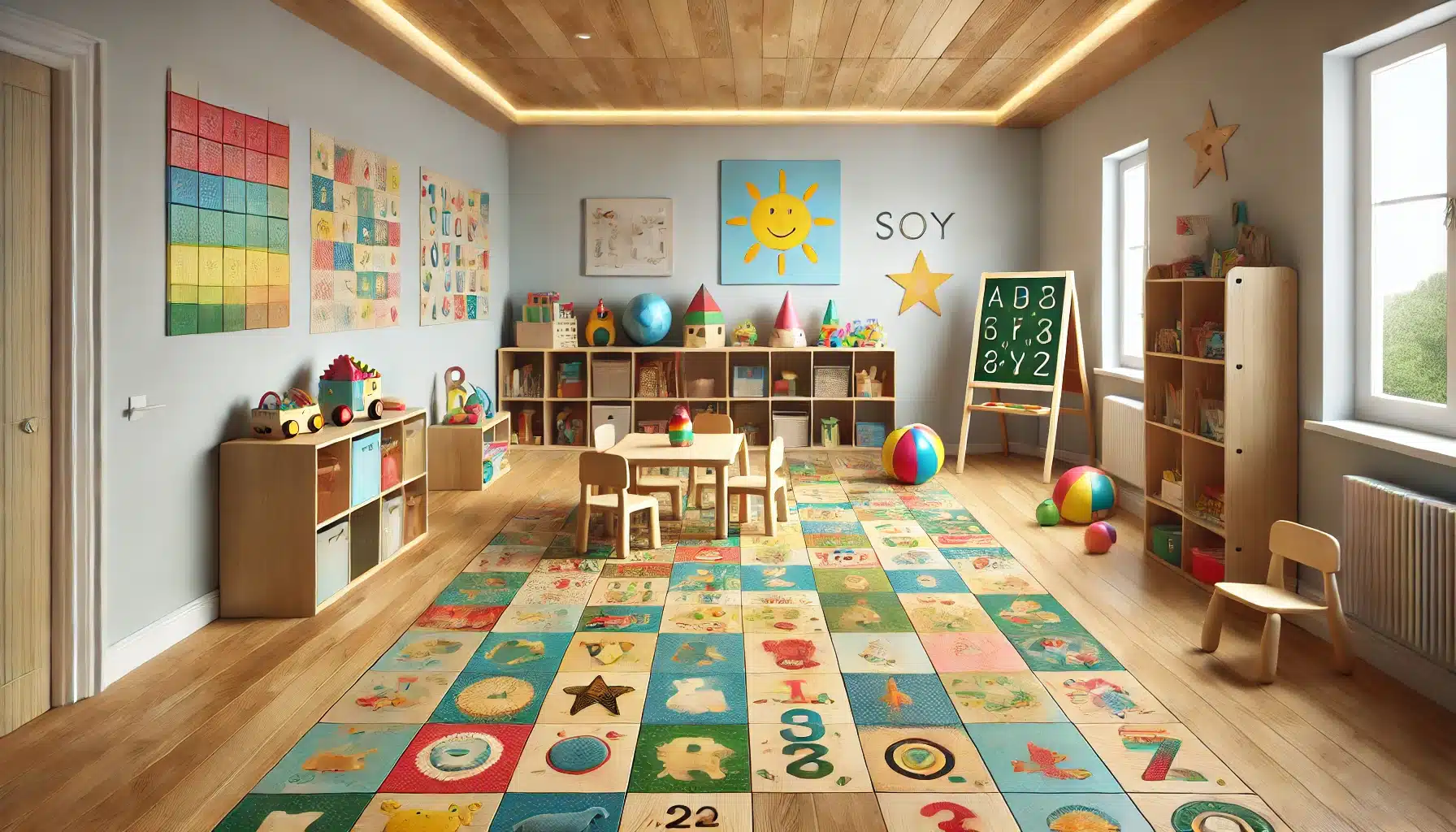 Habitación infantil con piso de maderas decorado con diseños coloridos y educativos. | Ambience Floors.