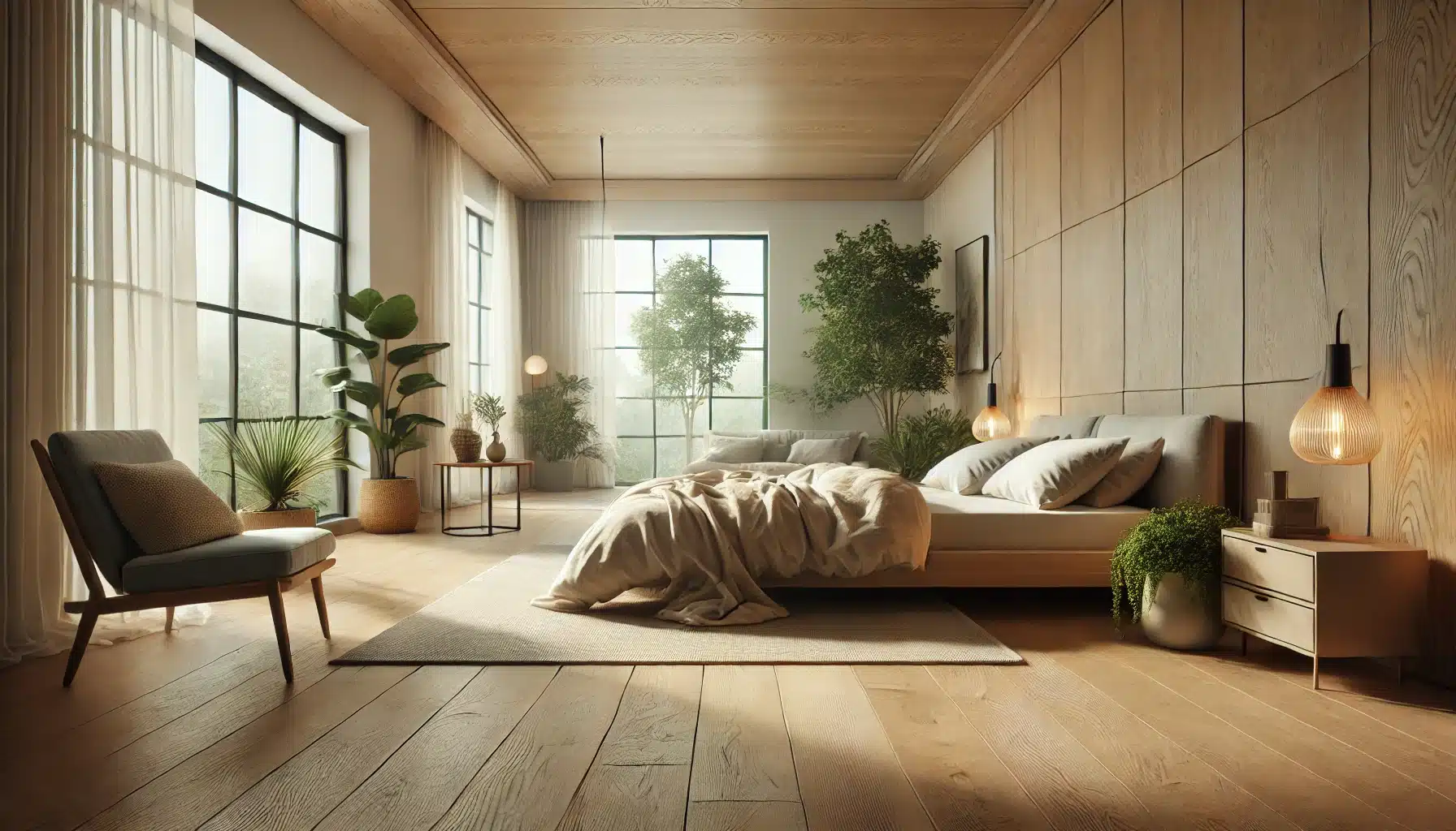 Dormitorio sereno con suelos de madera, luz natural suave y plantas de interior. Beneficios psicológicos de los pisos de madera en el hogar | Ambience Floors