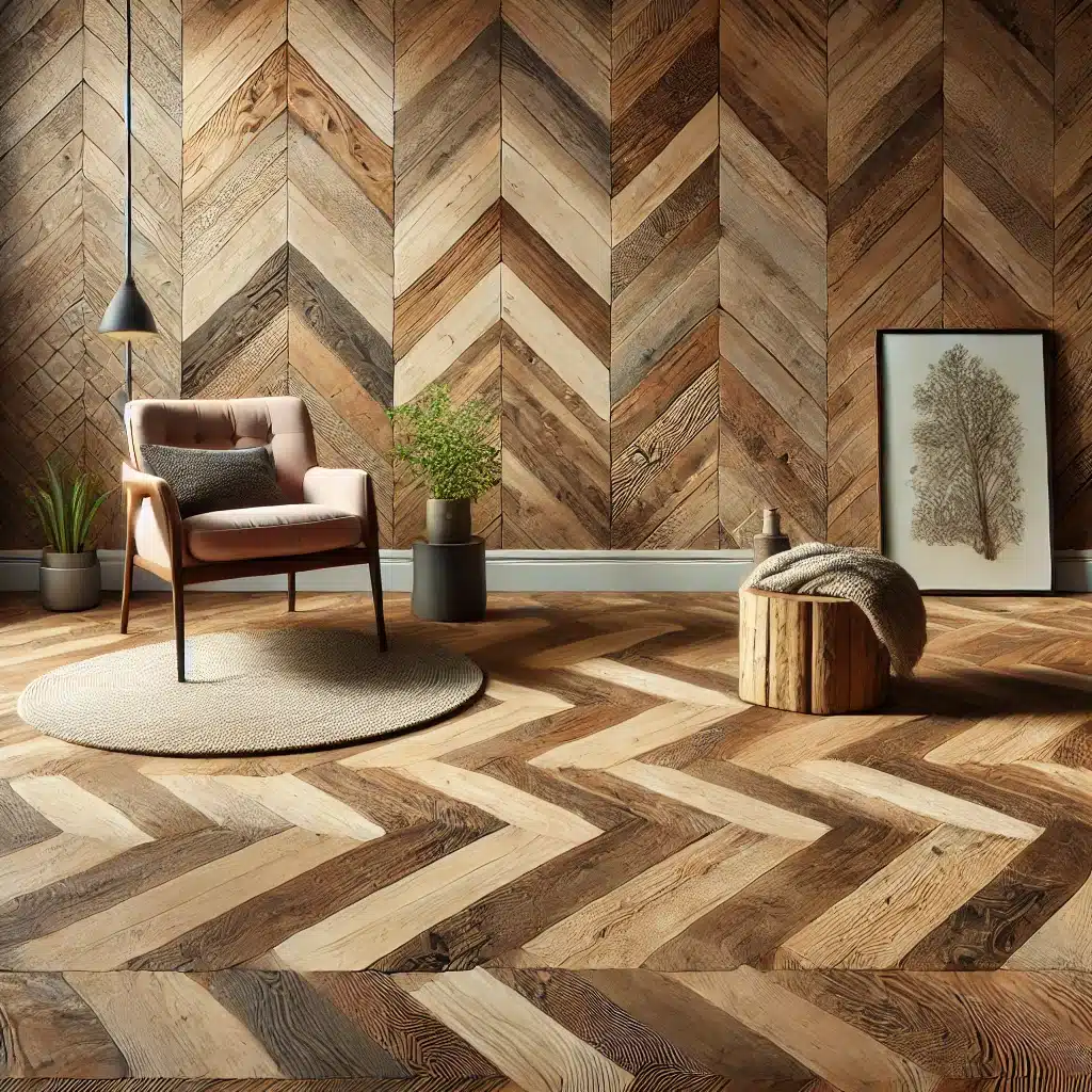 Piso de madera reciclada en patrón espiga moderno | Ambience Floors