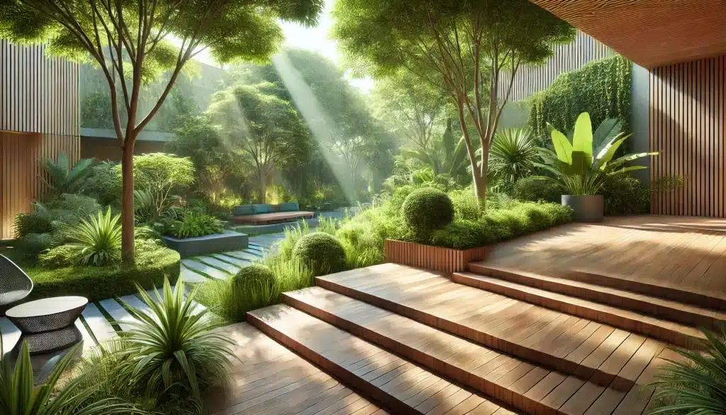 Tarima de madera ecológica en jardín verde | Ambience Floors