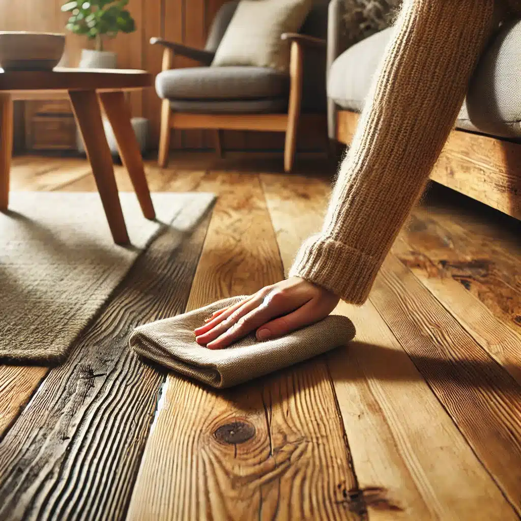 Mano limpiando piso de madera reciclada con cuidado | Ambience Floors