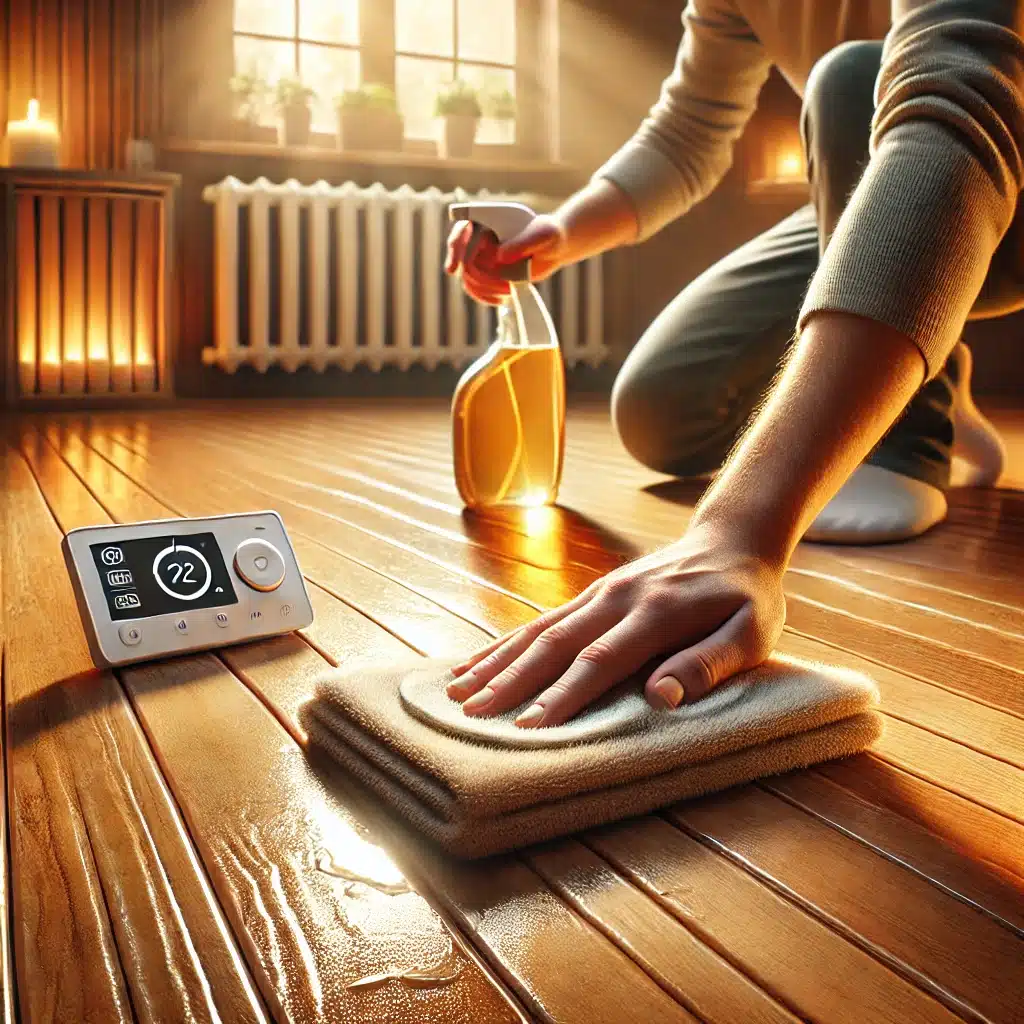 Persona limpiando piso de madera radiante | Ambience Floors