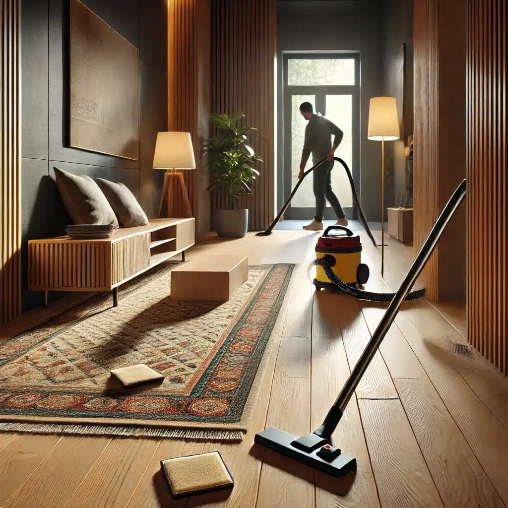 Persona limpiando piso de madera con aspiradora | Ambience Floors