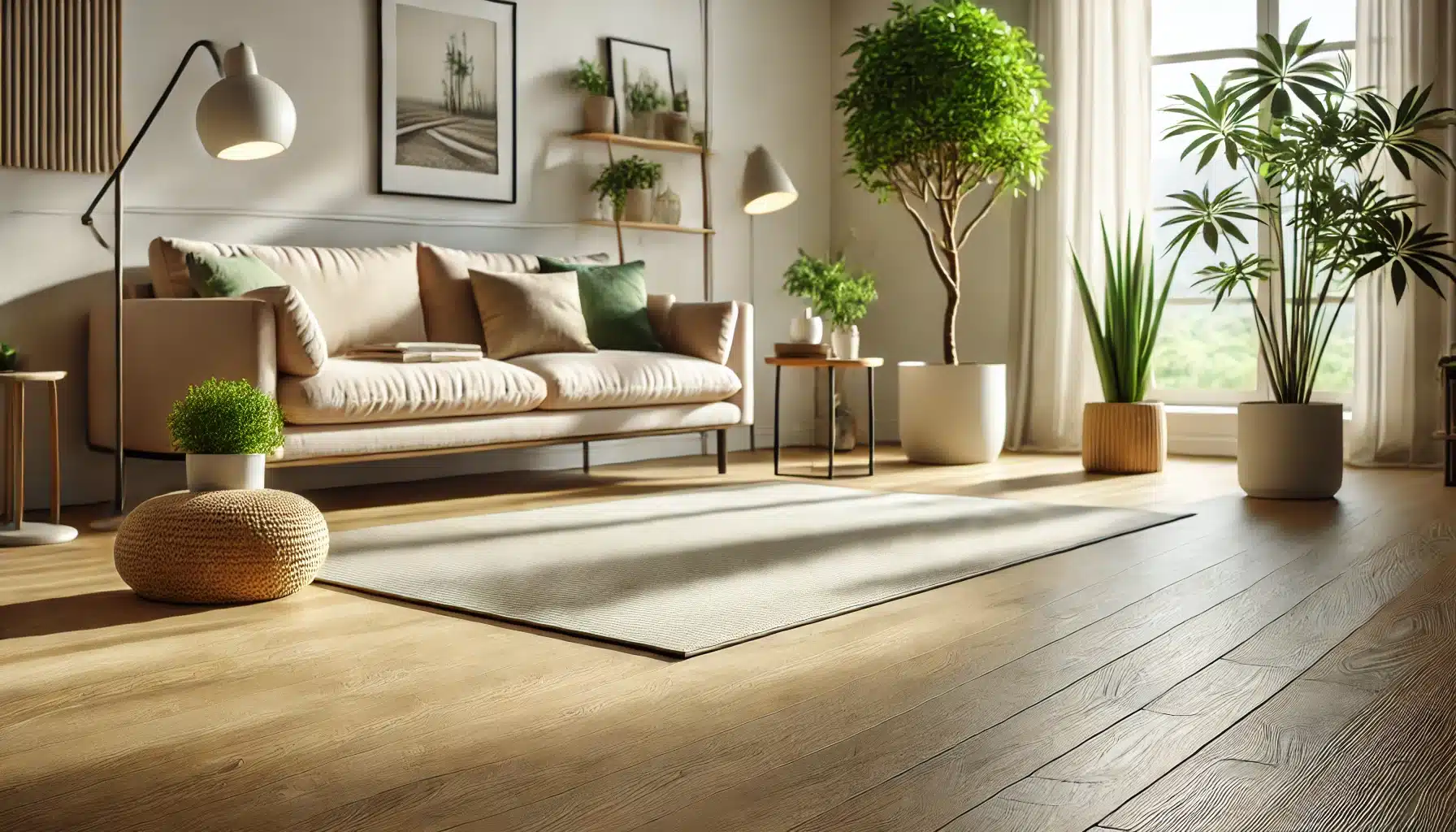 Sala con piso de madera cuidado y alfombra protectora. Piso de bambú para eficiencia energética | Ambience Floors