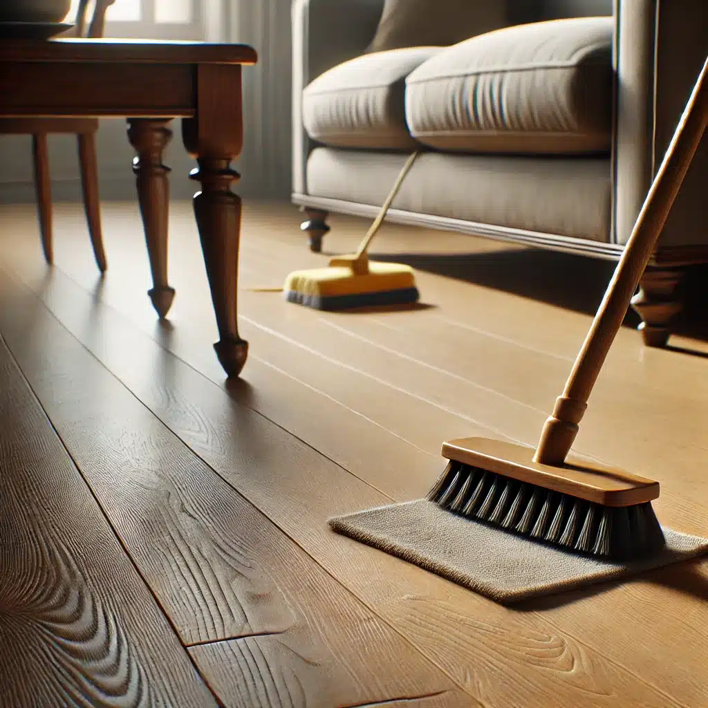 Piso de madera pulido con utensilios de limpieza | Ambience Floors