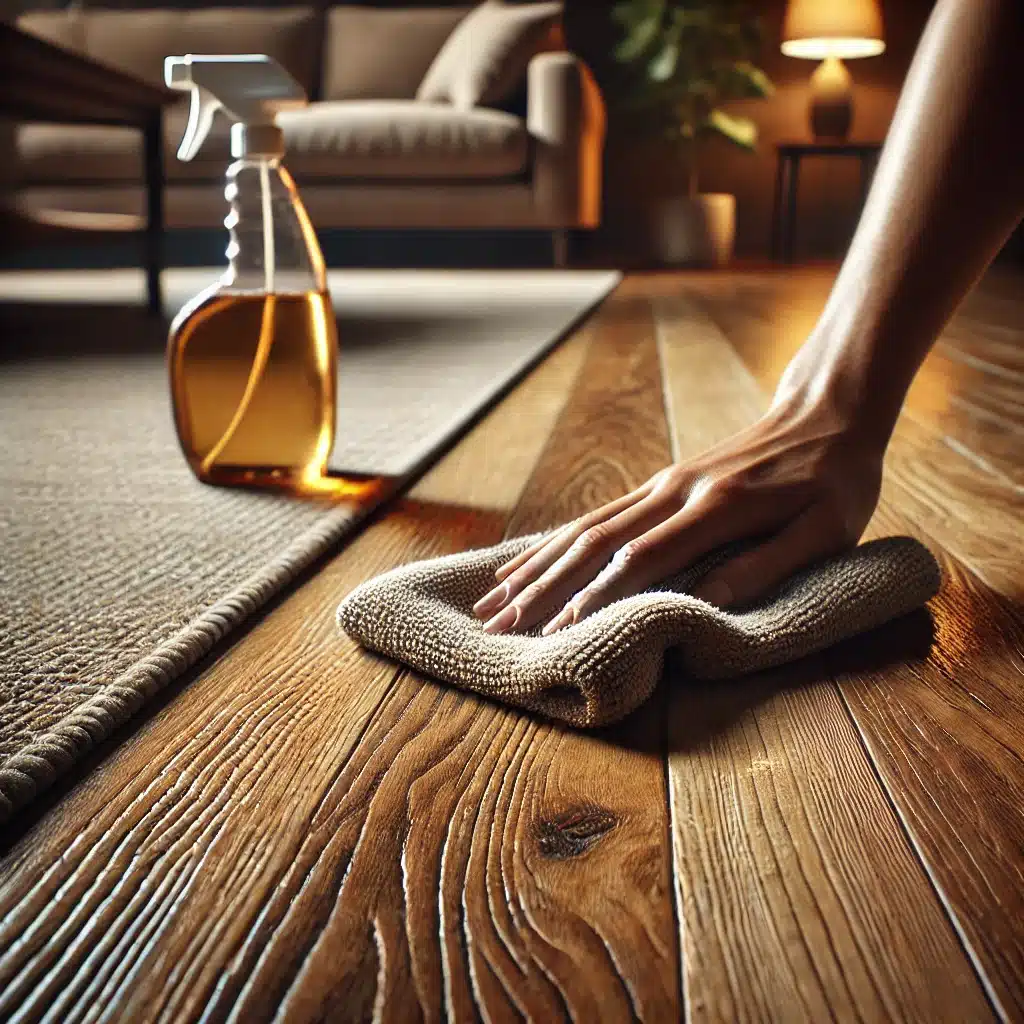 Mano limpiando piso de madera en tonos variados | Ambience Floors