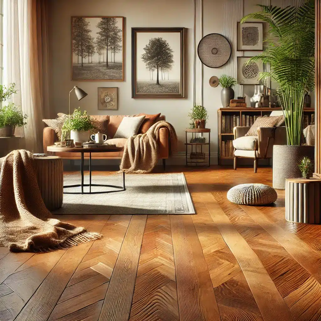 Interior elegante con piso de madera, arte y plantas | Ambience Floors