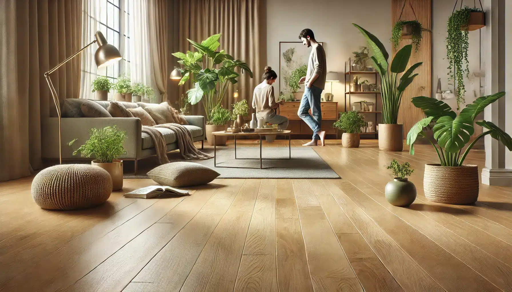 Pareja en sala con piso de madera ecológico | Ambience Floors
