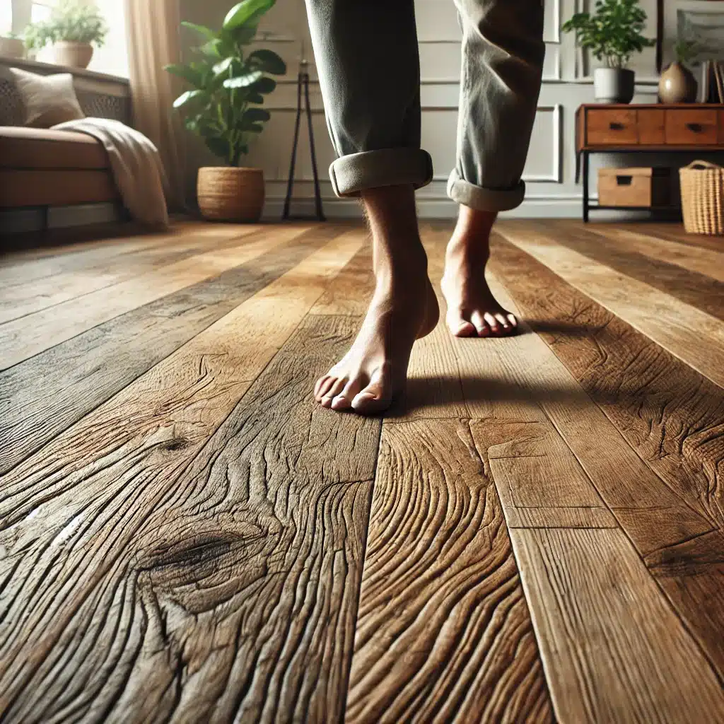 Detalle de piso de madera reciclada y pie caminando | Ambience Floors