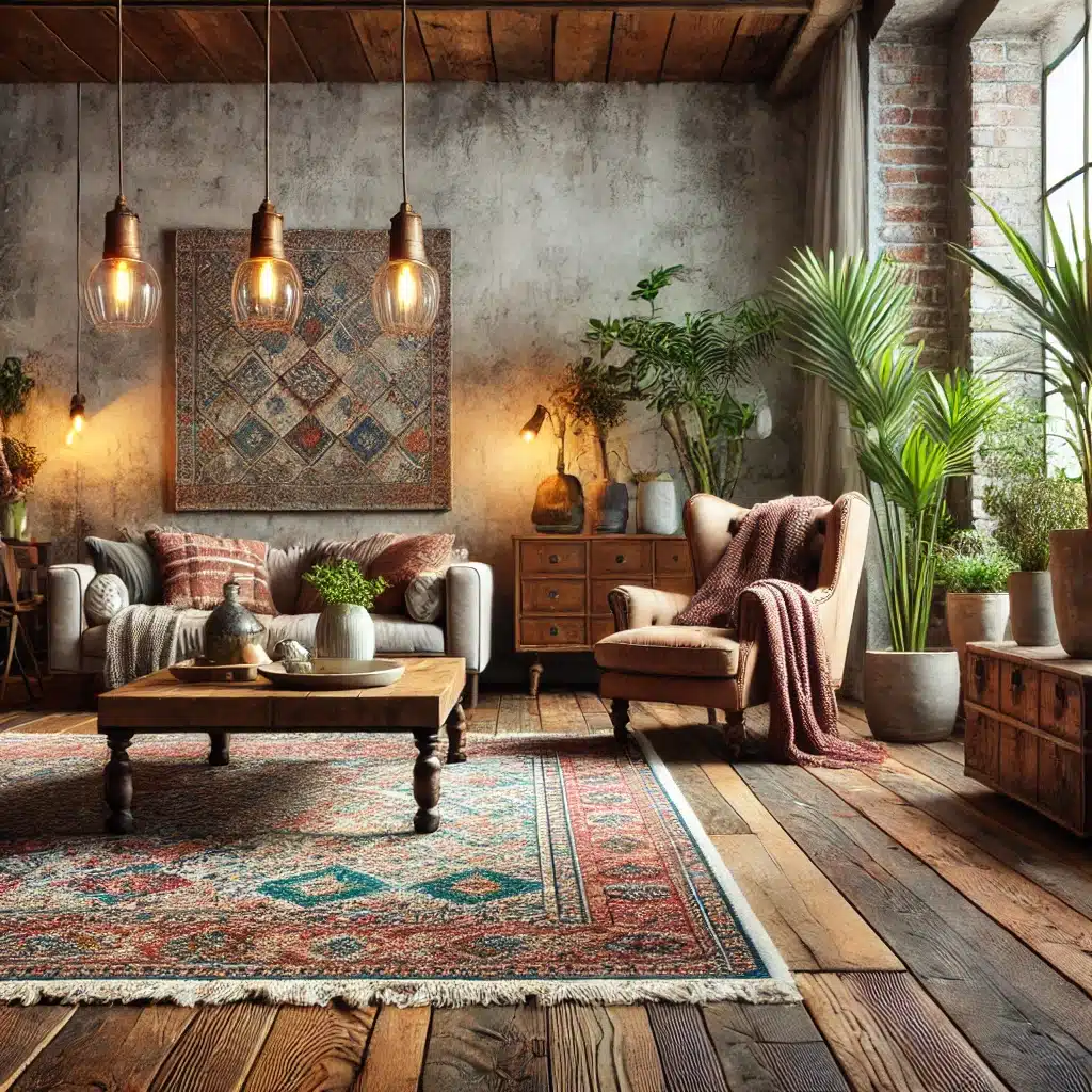 Sala con piso reciclado, alfombra y plantas decorativas. Construcción de vivienda sin duda de problema | Ambience Floors