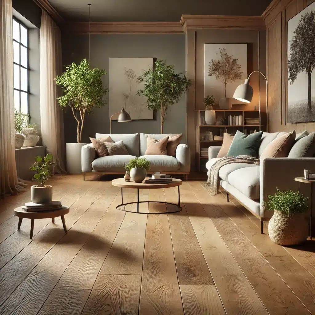 Sala elegante con piso de madera reciclada y plantas. Parquet sin problemas de levantamiento | Ambience Floors