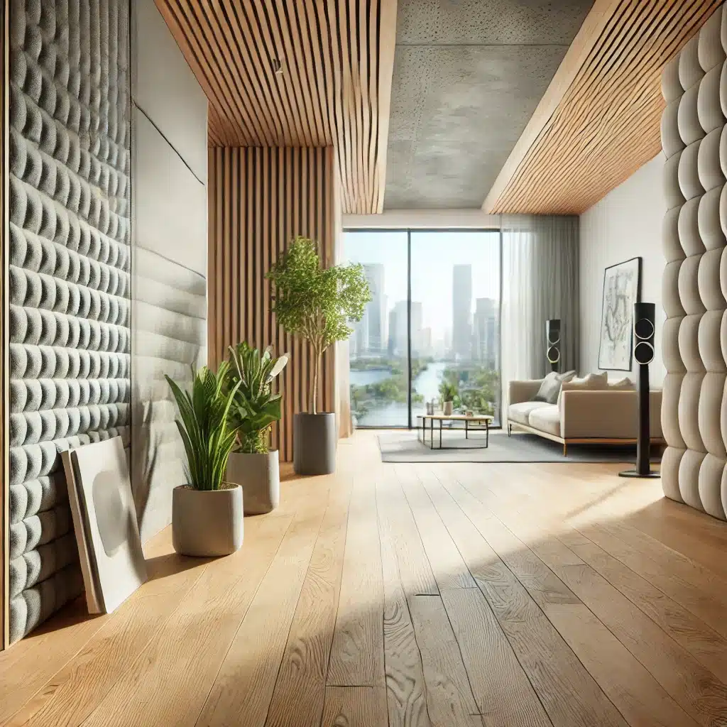 Interior moderno con piso de madera y paneles acústicos | Ambience Floors