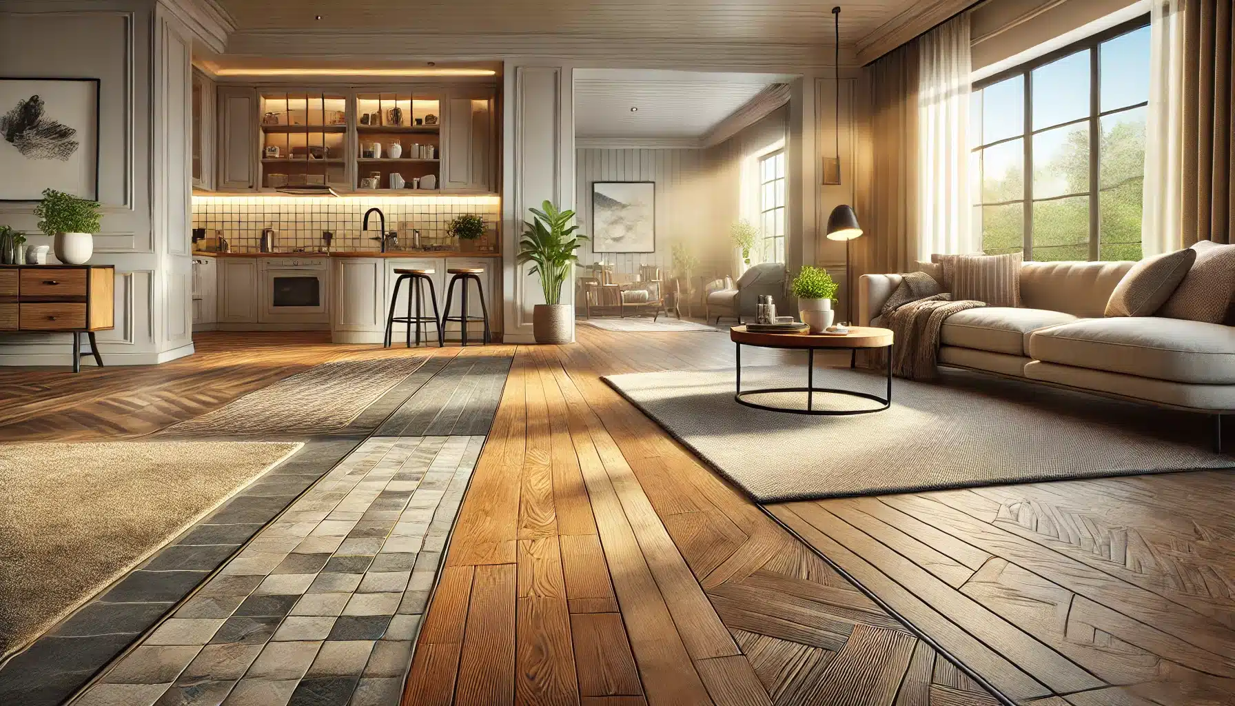 Escena de sala con pisos de madera, cerámica y alfombra | Ambience Floors